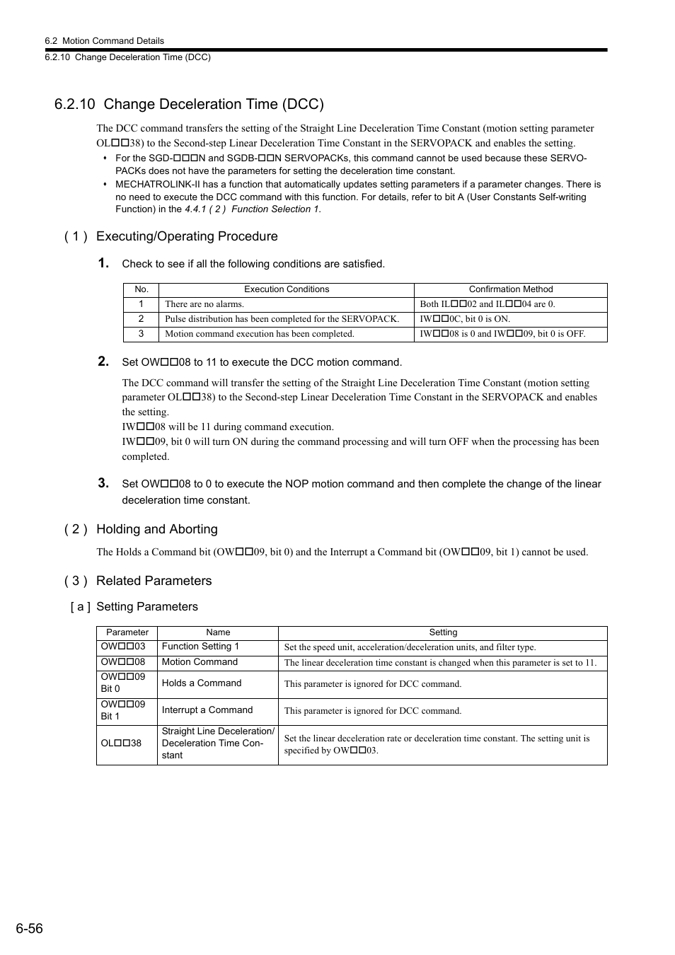 10 change deceleration time (dcc), 1 ) executing/operating procedure, 2 ) holding and aborting | 3 ) related parameters | Yaskawa MP2000 Series: Built-in SVB or SVB-01 Motion Module User Manual | Page 217 / 543