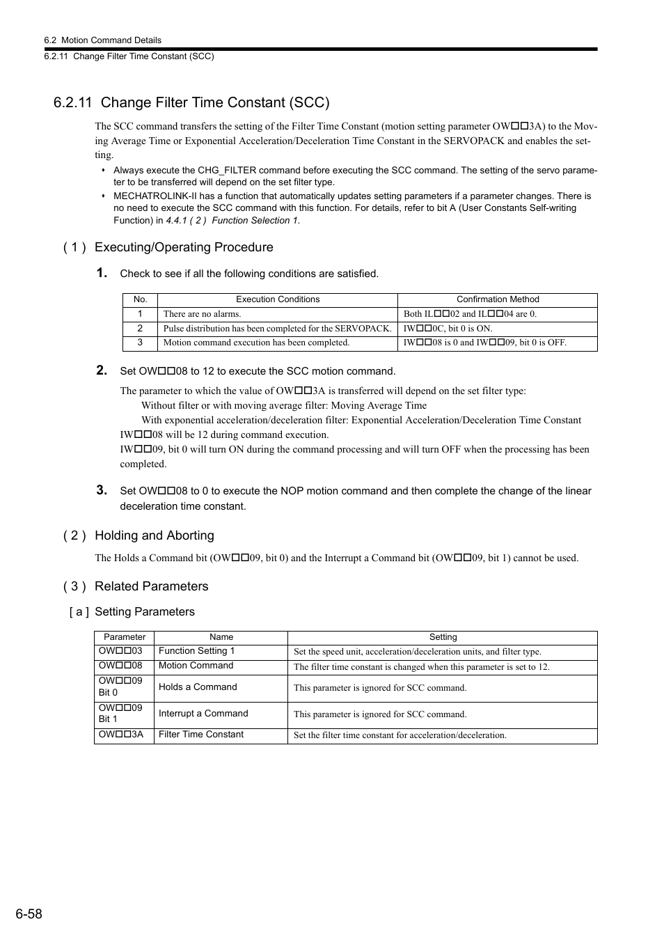 11 change filter time constant (scc), 1 ) executing/operating procedure, 2 ) holding and aborting | 3 ) related parameters | Yaskawa MP2000 Series: Built-in SVB or SVB-01 Motion Module User Manual | Page 219 / 543