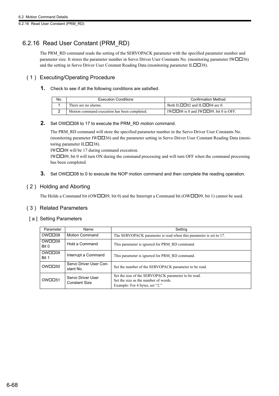16 read user constant (prm_rd), 1 ) executing/operating procedure, 2 ) holding and aborting | 3 ) related parameters | Yaskawa MP2000 Series: Built-in SVB or SVB-01 Motion Module User Manual | Page 229 / 543