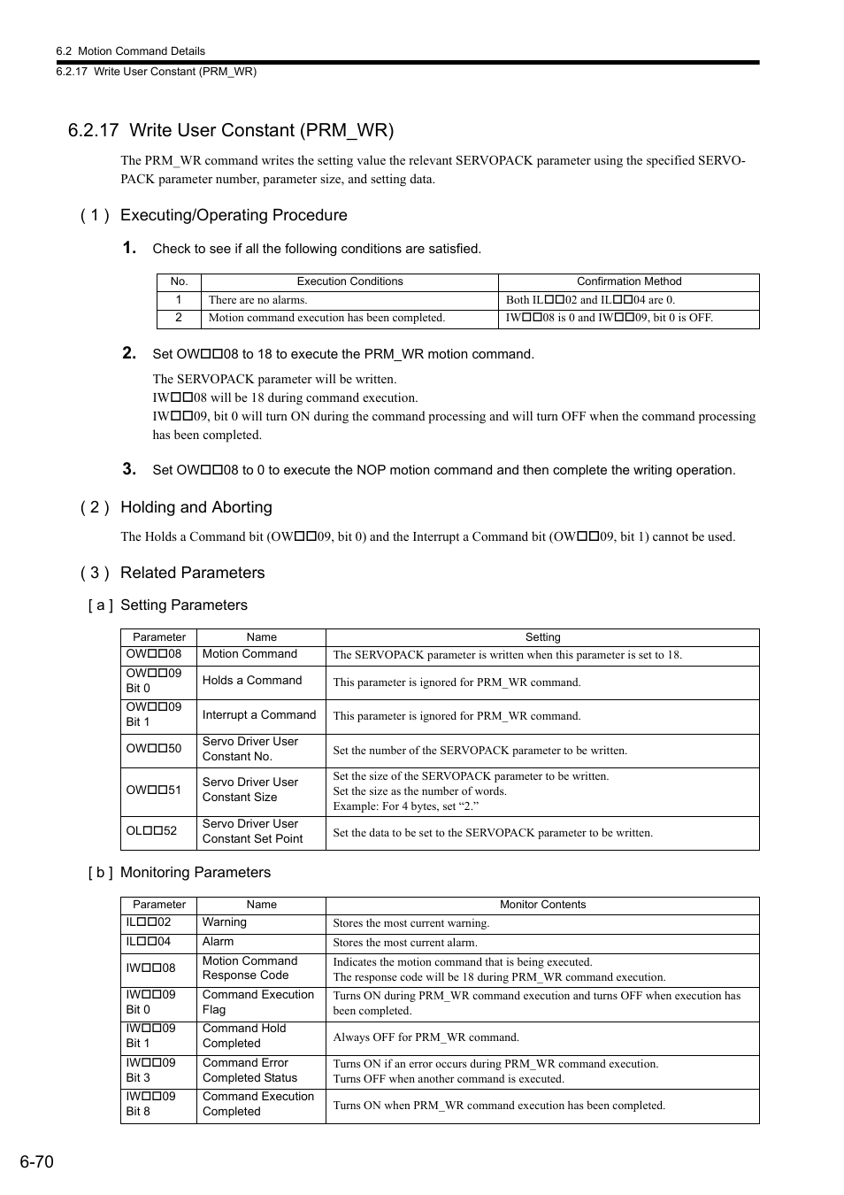 17 write user constant (prm_wr), 1 ) executing/operating procedure, 2 ) holding and aborting | 3 ) related parameters | Yaskawa MP2000 Series: Built-in SVB or SVB-01 Motion Module User Manual | Page 231 / 543