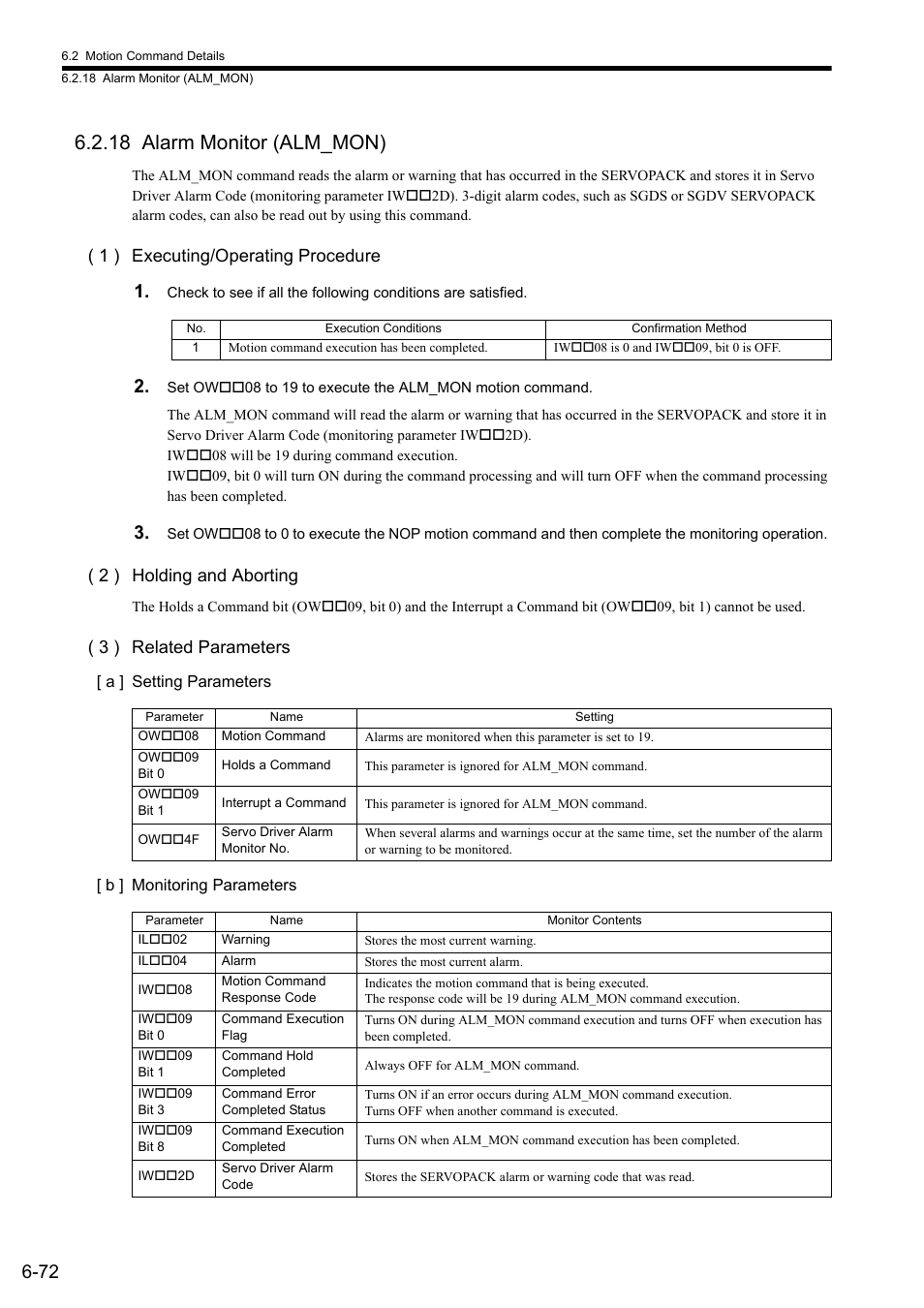 18 alarm monitor (alm_mon), 1 ) executing/operating procedure, 2 ) holding and aborting | 3 ) related parameters | Yaskawa MP2000 Series: Built-in SVB or SVB-01 Motion Module User Manual | Page 233 / 543