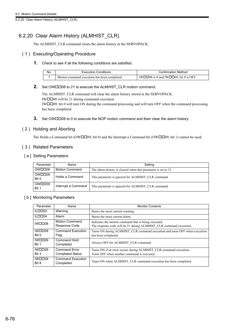 20 clear alarm history (almhist_clr), 1 ) executing/operating procedure, 2 ) holding and aborting | 3 ) related parameters | Yaskawa MP2000 Series: Built-in SVB or SVB-01 Motion Module User Manual | Page 237 / 543