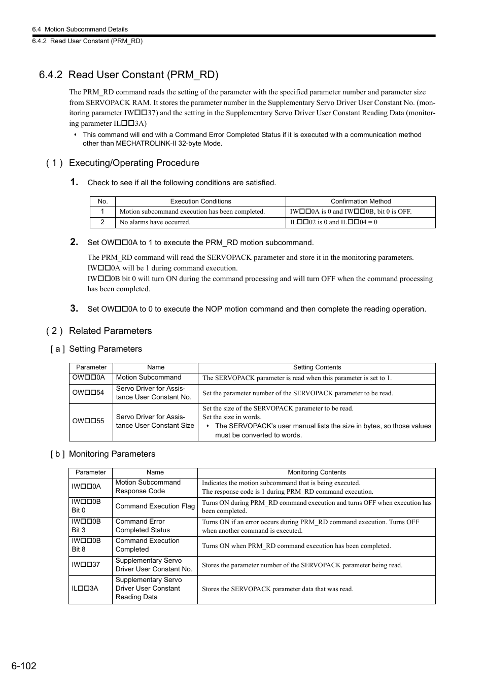 2 read user constant (prm_rd), 1 ) executing/operating procedure, 2 ) related parameters | Yaskawa MP2000 Series: Built-in SVB or SVB-01 Motion Module User Manual | Page 263 / 543
