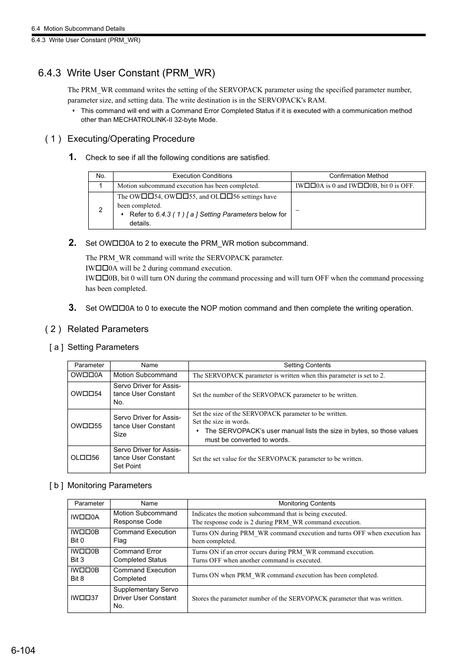 3 write user constant (prm_wr), 1 ) executing/operating procedure, 2 ) related parameters | Yaskawa MP2000 Series: Built-in SVB or SVB-01 Motion Module User Manual | Page 265 / 543