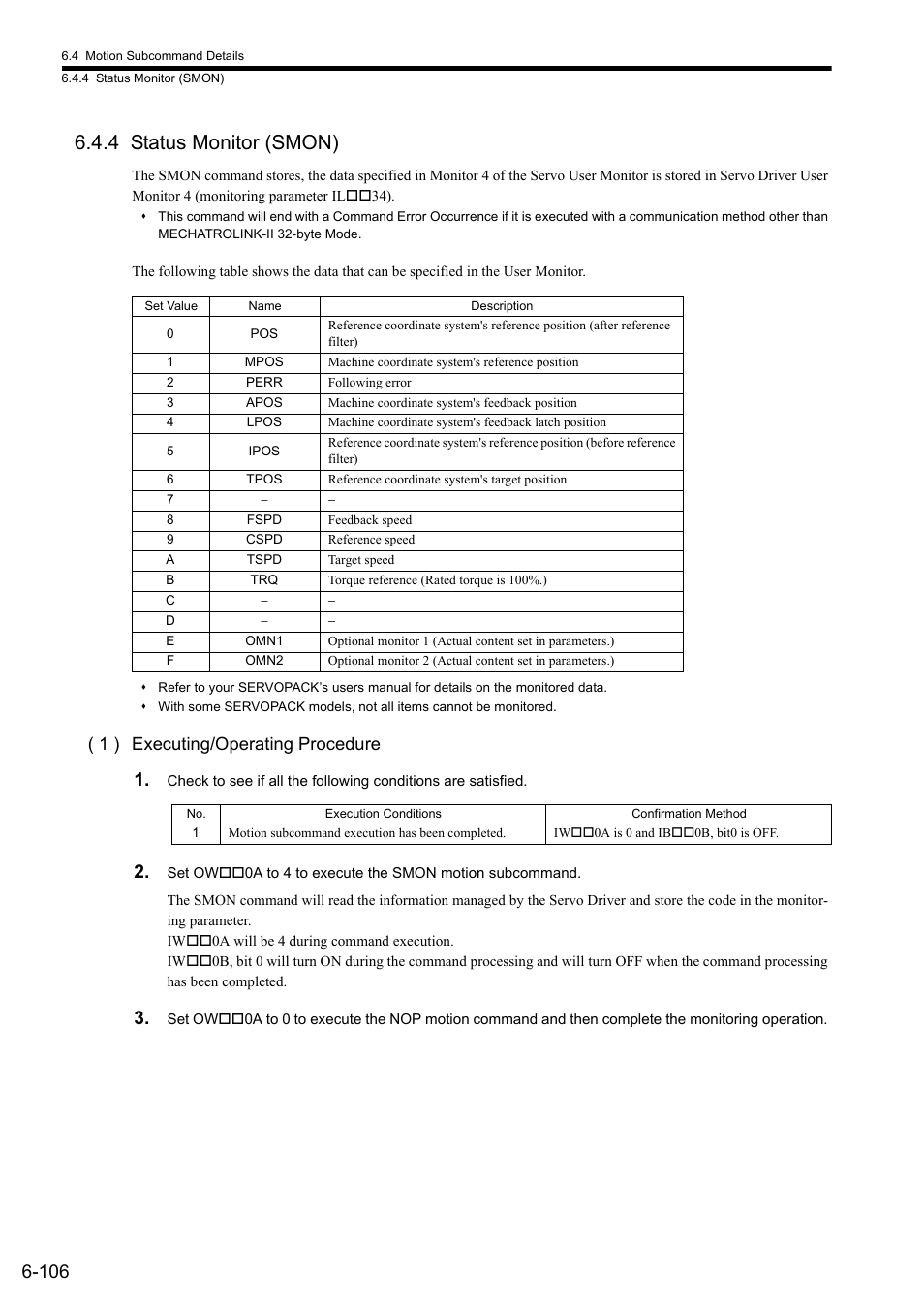 4 status monitor (smon), 1 ) executing/operating procedure | Yaskawa MP2000 Series: Built-in SVB or SVB-01 Motion Module User Manual | Page 267 / 543