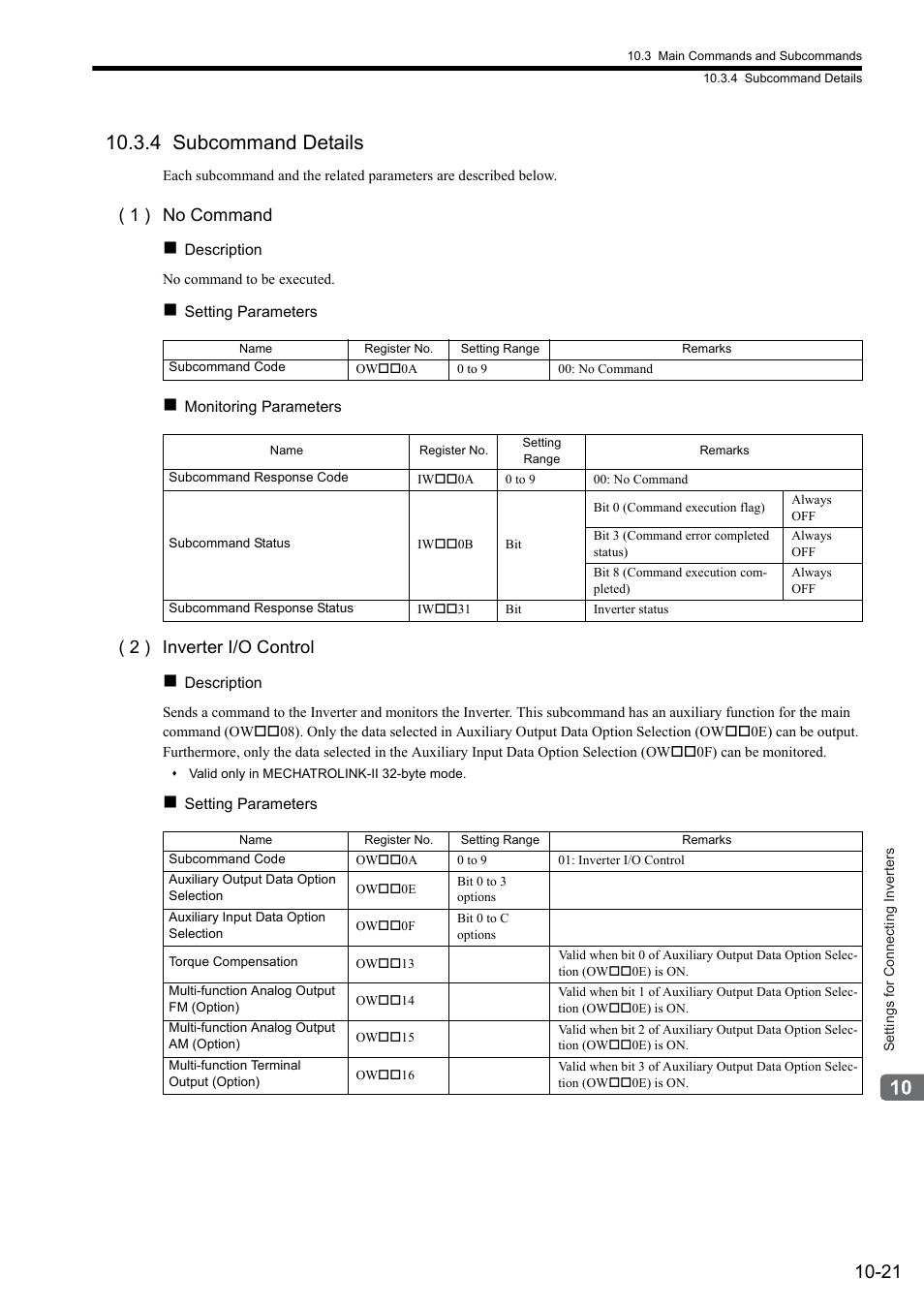 4 subcommand details, 1 ) no command, 2 ) inverter i/o control | Yaskawa MP2000 Series: Built-in SVB or SVB-01 Motion Module User Manual | Page 385 / 543