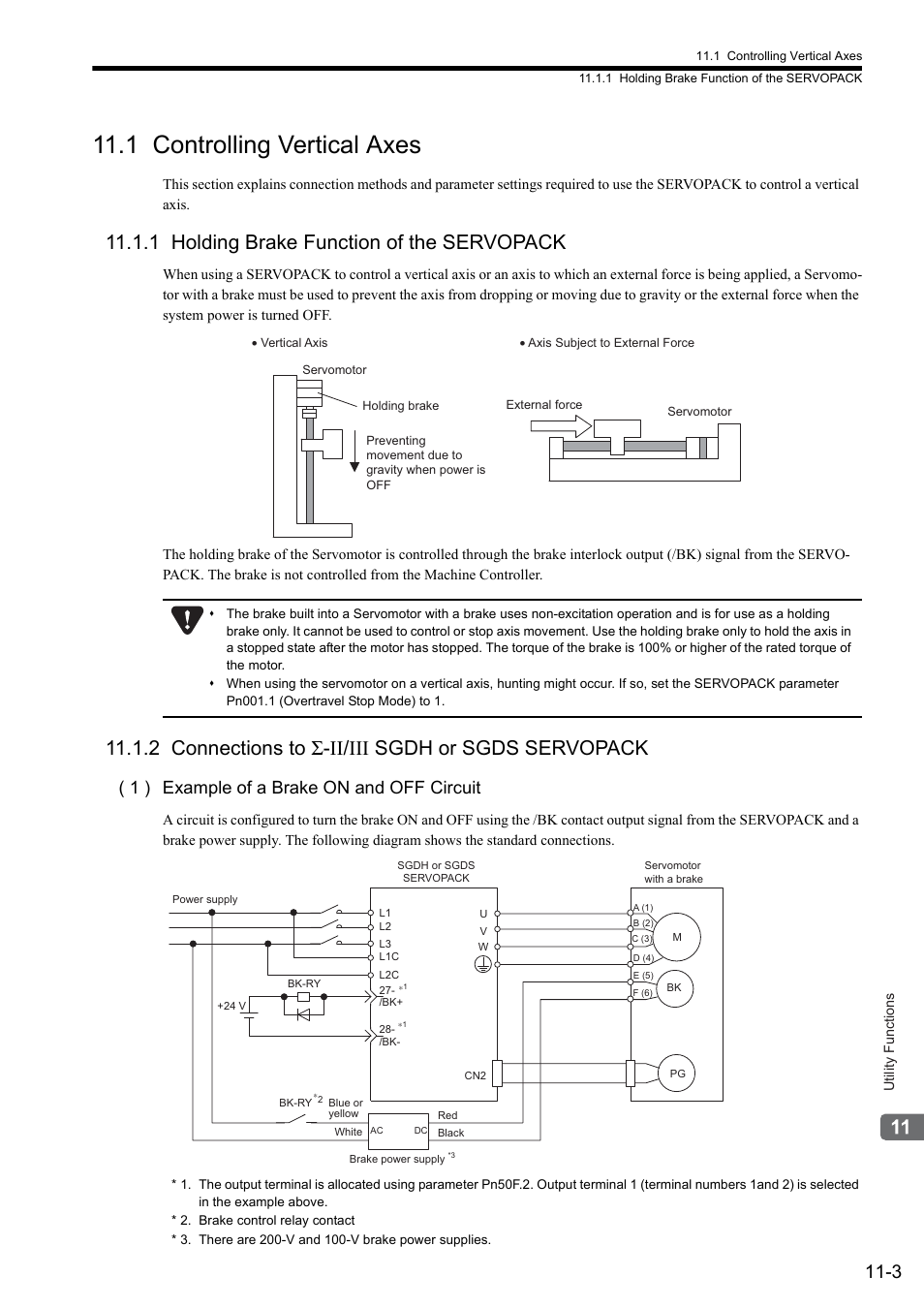 1 controlling vertical axes, 1 holding brake function of the servopack, 2 connections to σ-ii/iii sgdh or sgds servopack | 1 ) example of a brake on and off circuit | Yaskawa MP2000 Series: Built-in SVB or SVB-01 Motion Module User Manual | Page 418 / 543