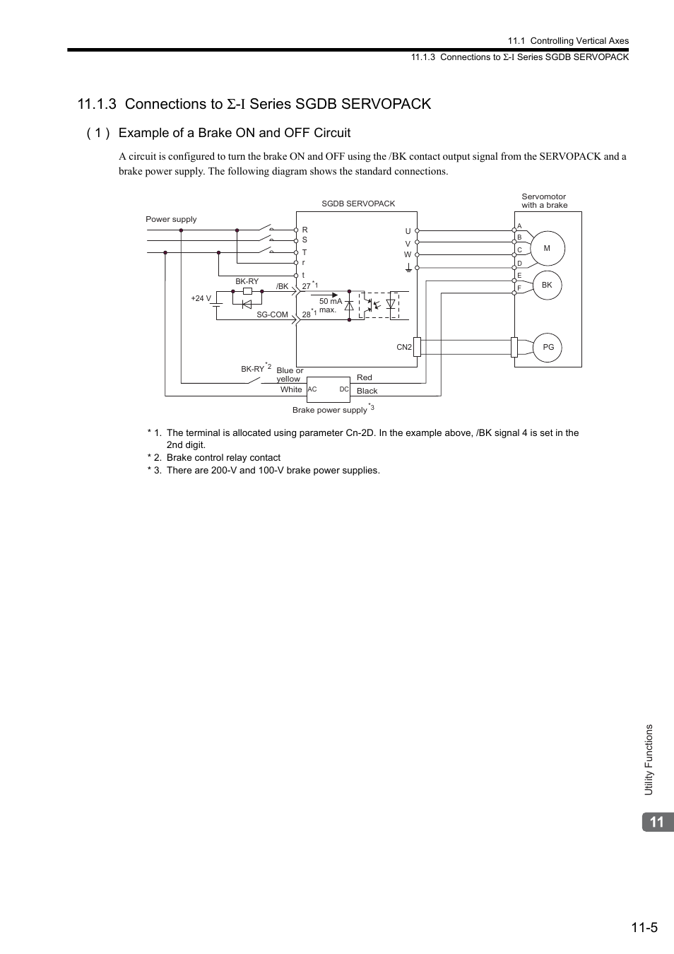 3 connections to sigma-i series sgdb servopack, 3 connections to σ-i series sgdb servopack, 1 ) example of a brake on and off circuit | Yaskawa MP2000 Series: Built-in SVB or SVB-01 Motion Module User Manual | Page 420 / 543