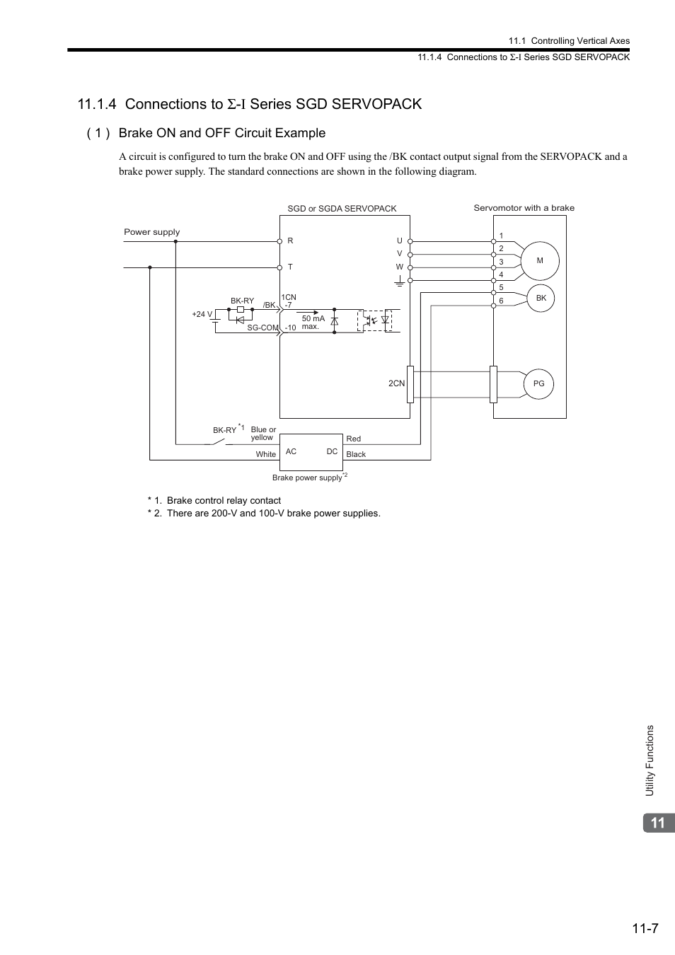4 connections to sigma-i series sgd servopack, 4 connections to σ-i series sgd servopack, 1 ) brake on and off circuit example | Yaskawa MP2000 Series: Built-in SVB or SVB-01 Motion Module User Manual | Page 422 / 543