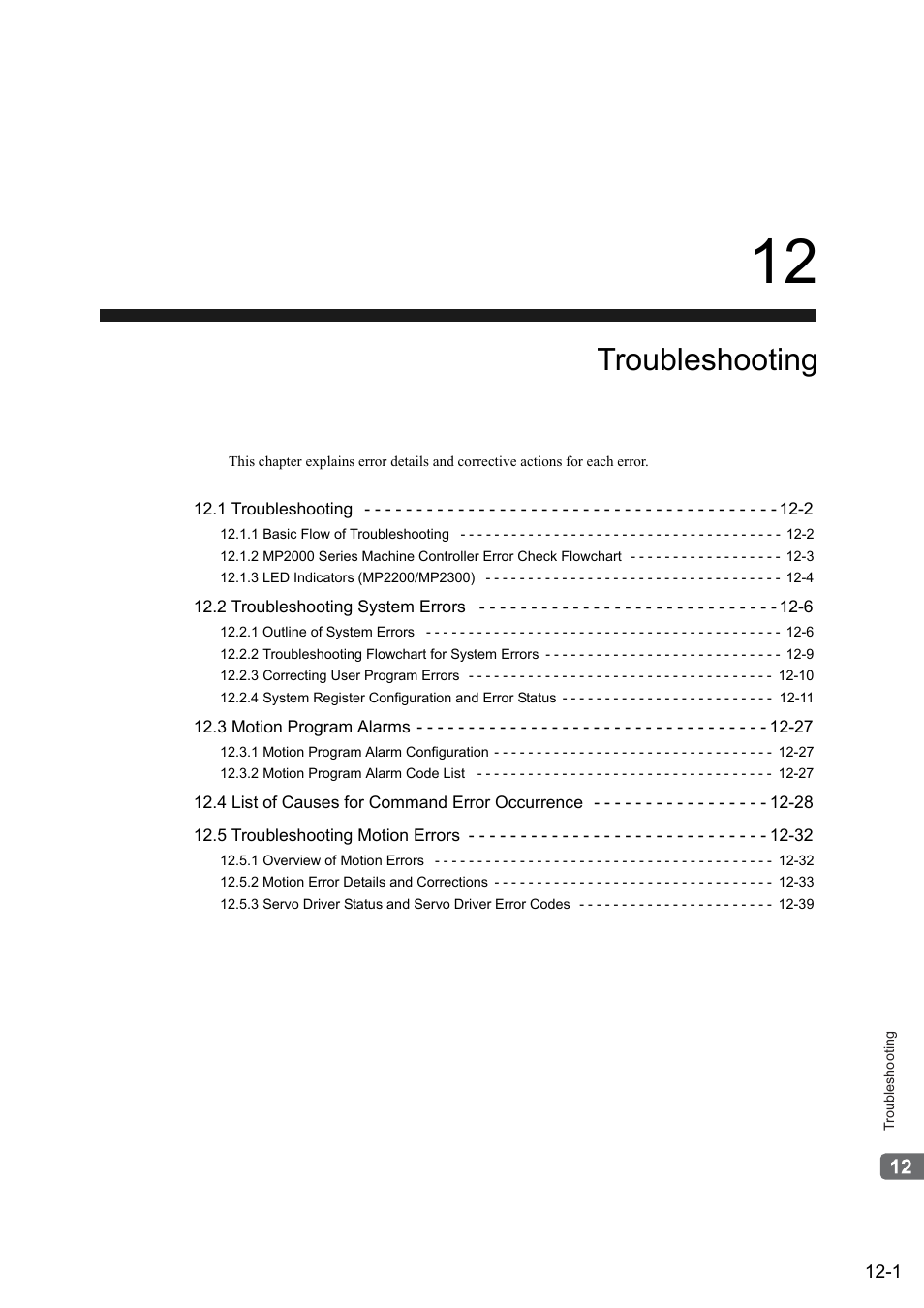 12 troubleshooting, Troubleshooting | Yaskawa MP2000 Series: Built-in SVB or SVB-01 Motion Module User Manual | Page 444 / 543