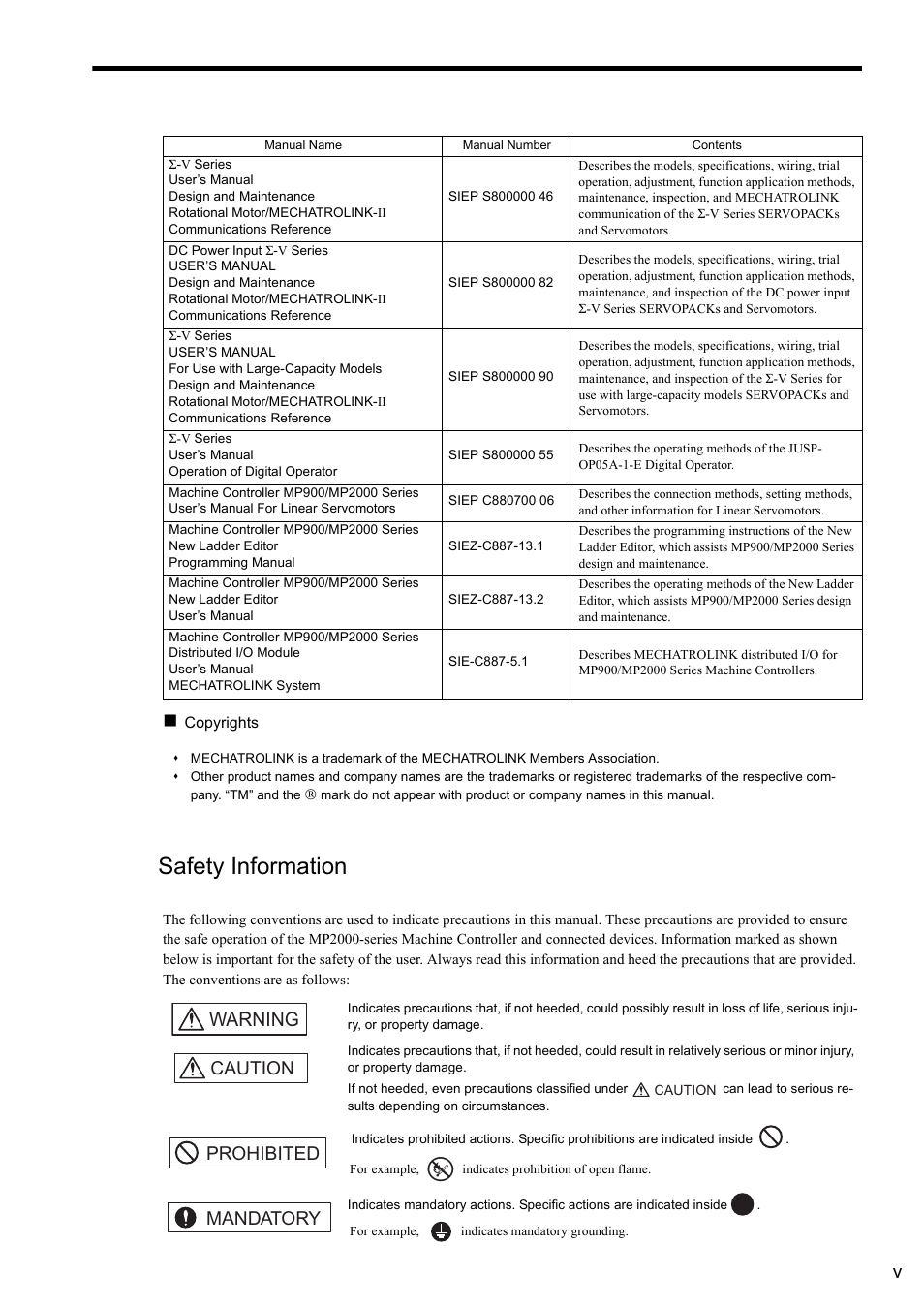 Safety information, Warning, Caution | Prohibited mandatory | Yaskawa MP2000 Series: Built-in SVB or SVB-01 Motion Module User Manual | Page 5 / 543