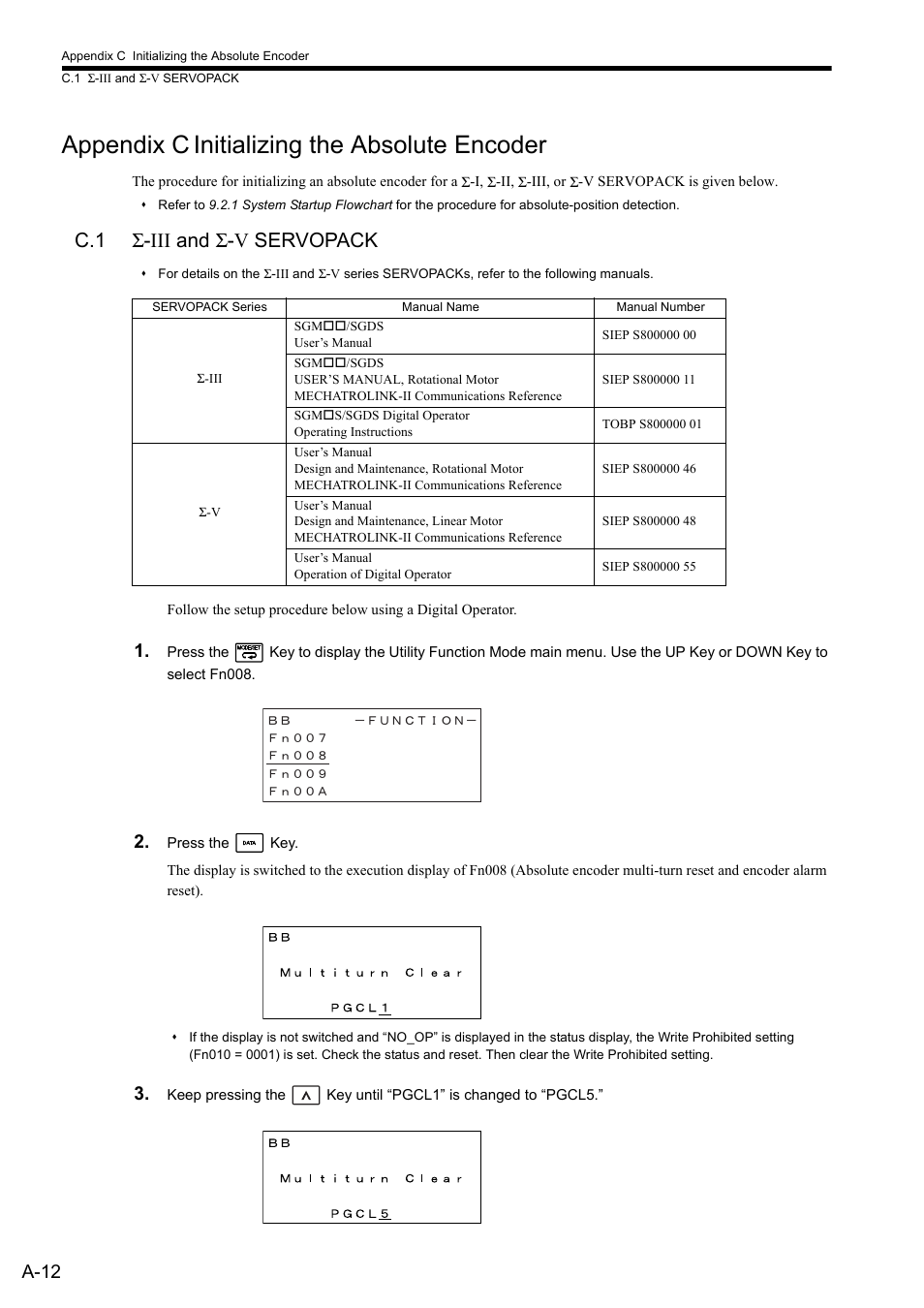 Appendix c initializing the absolute encoder, C.1 sigma-iii and sigma-v servopack, C.1 σ-iii and σ-v servopack | A-12 | Yaskawa MP2000 Series: Built-in SVB or SVB-01 Motion Module User Manual | Page 501 / 543