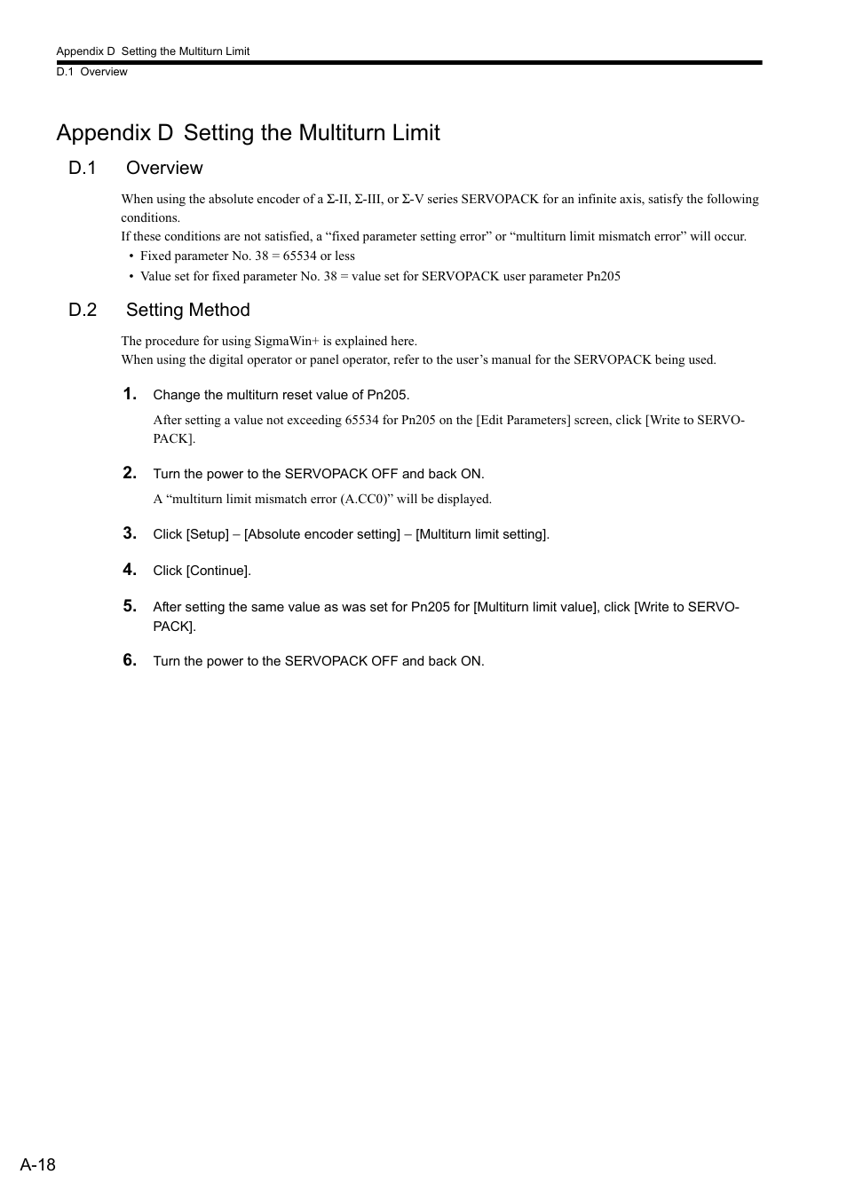 Appendix d setting the multiturn limit, D.1 overview, D.2 setting method | Yaskawa MP2000 Series: Built-in SVB or SVB-01 Motion Module User Manual | Page 507 / 543