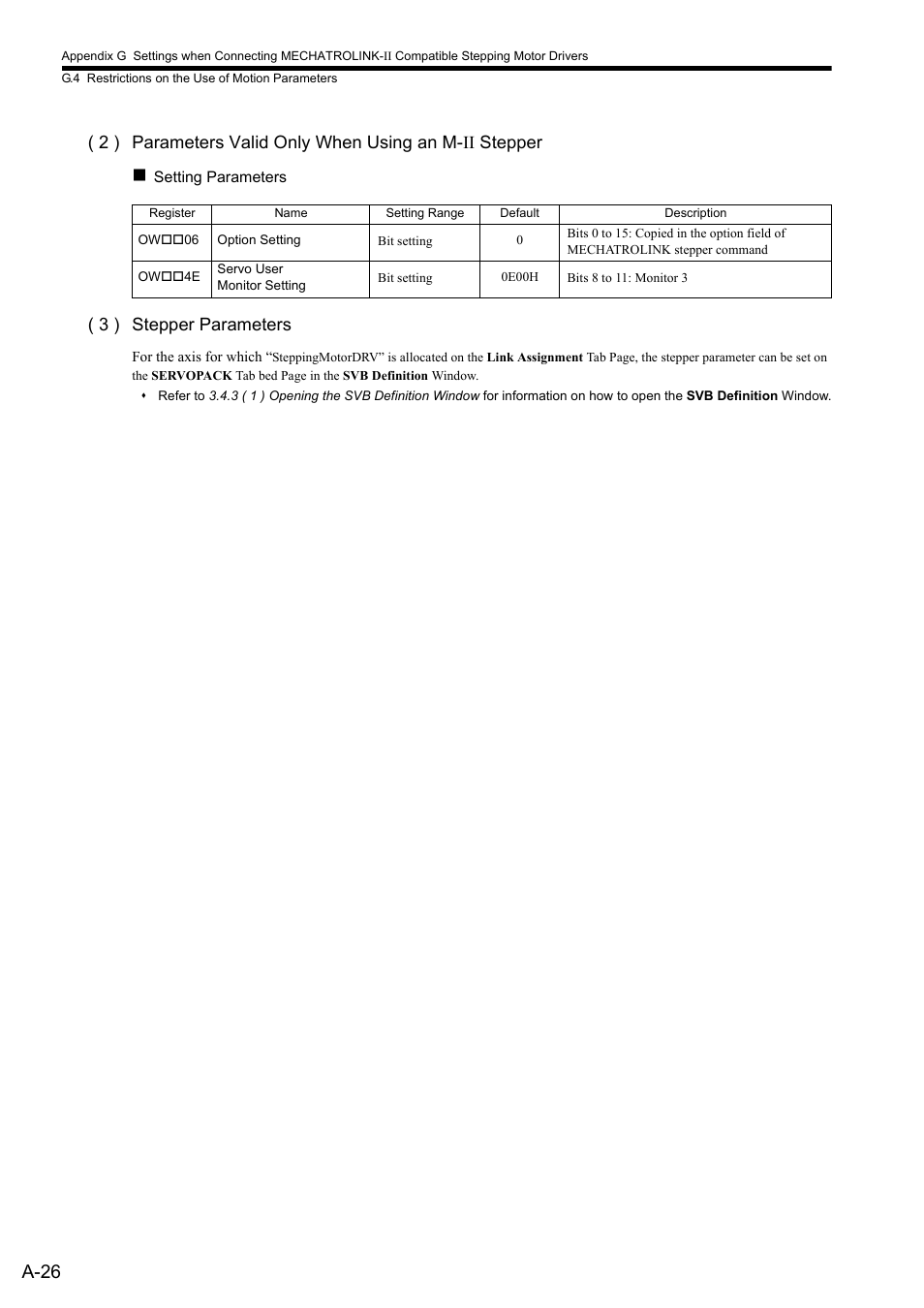 A-26, 3 ) stepper parameters | Yaskawa MP2000 Series: Built-in SVB or SVB-01 Motion Module User Manual | Page 515 / 543