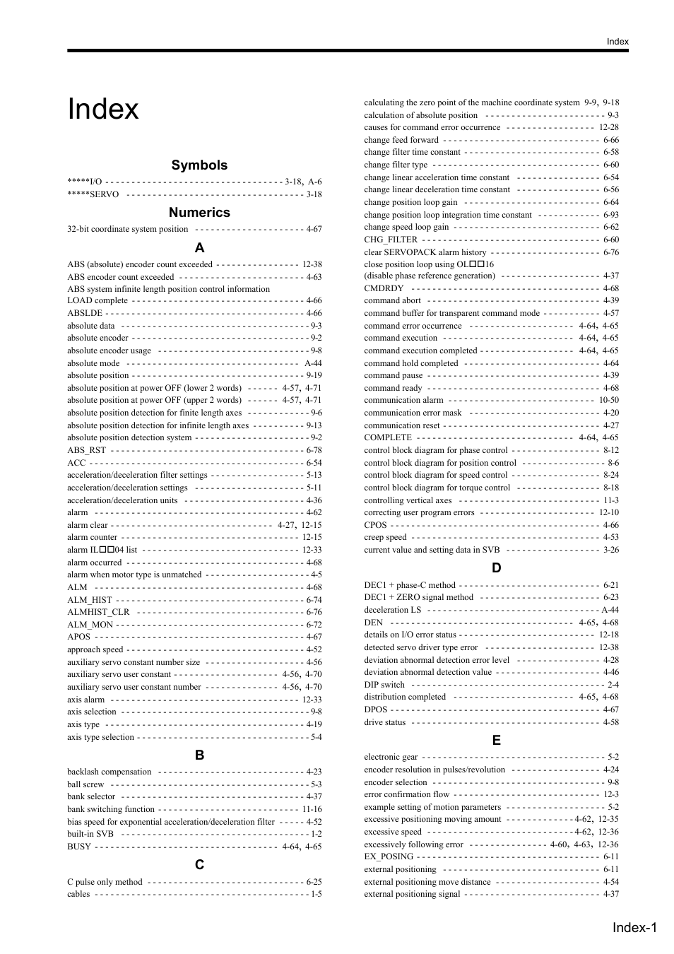 Index, Symbols, Numerics | Index-1 | Yaskawa MP2000 Series: Built-in SVB or SVB-01 Motion Module User Manual | Page 536 / 543