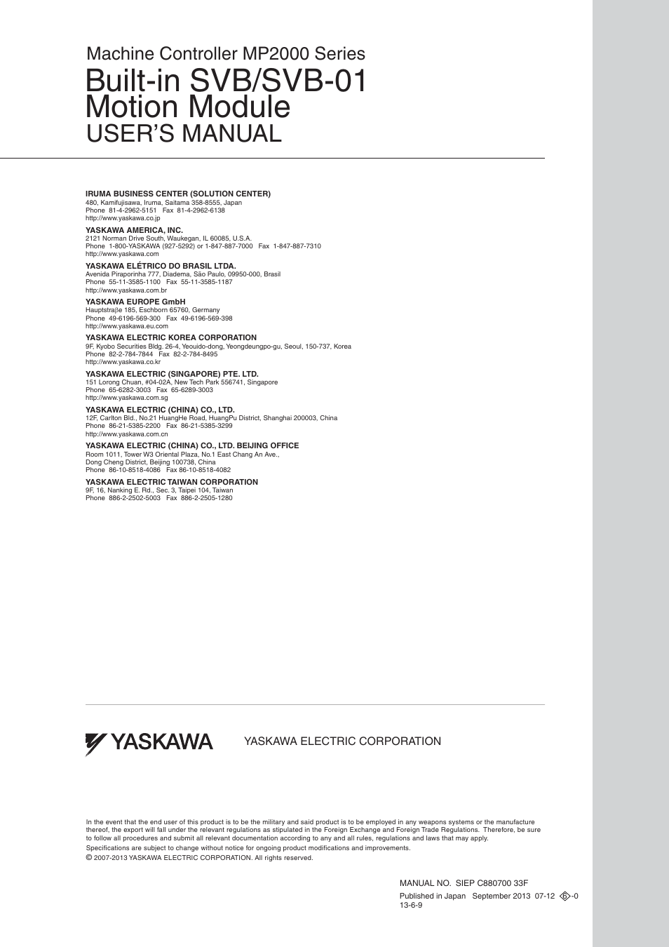 Back cover, Built-in svb/svb-01 motion module, User’s manual | Machine controller mp2000 series | Yaskawa MP2000 Series: Built-in SVB or SVB-01 Motion Module User Manual | Page 543 / 543