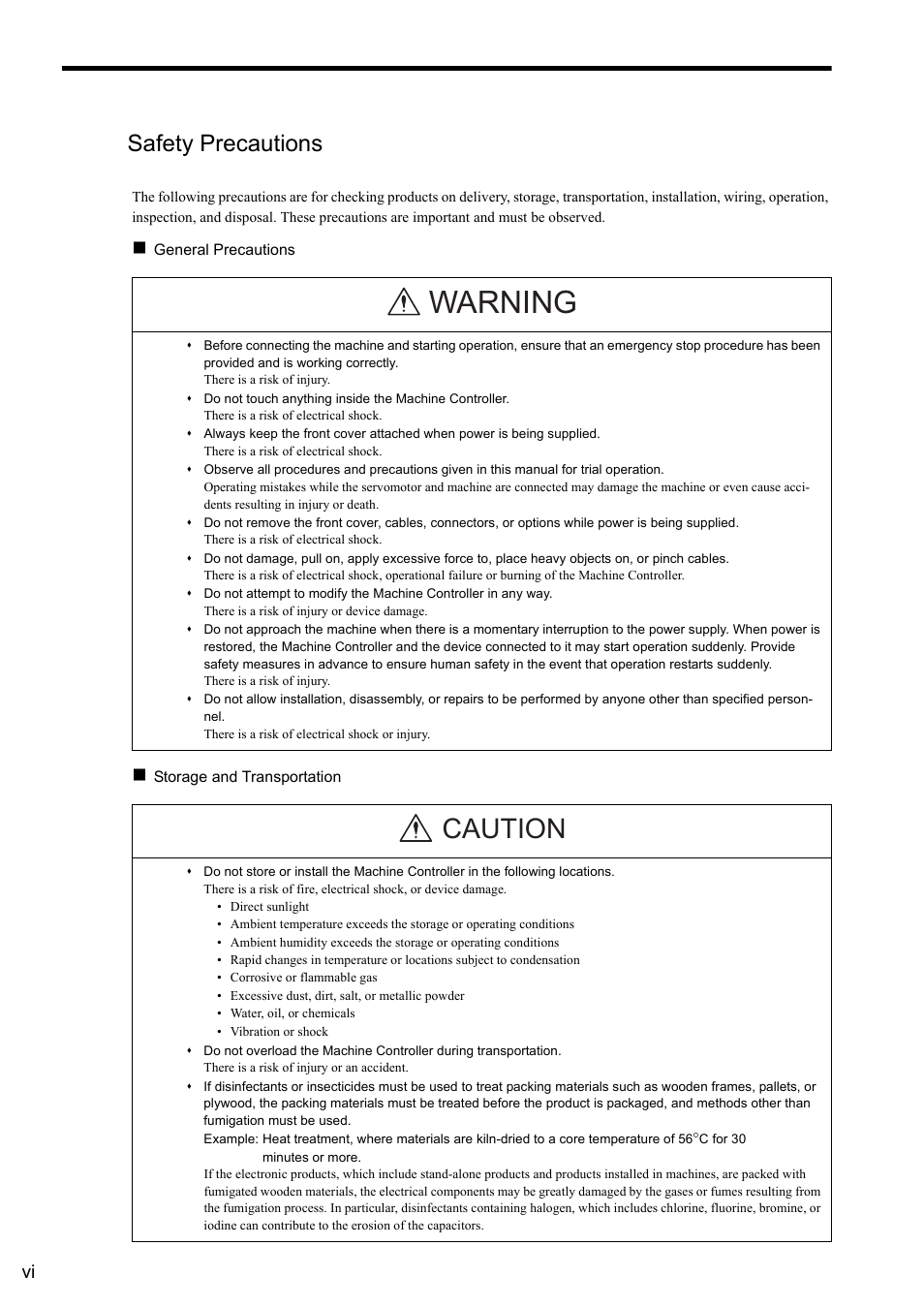 Safety precautions, Warning, Caution | Yaskawa MP2000 Series: Built-in SVB or SVB-01 Motion Module User Manual | Page 6 / 543