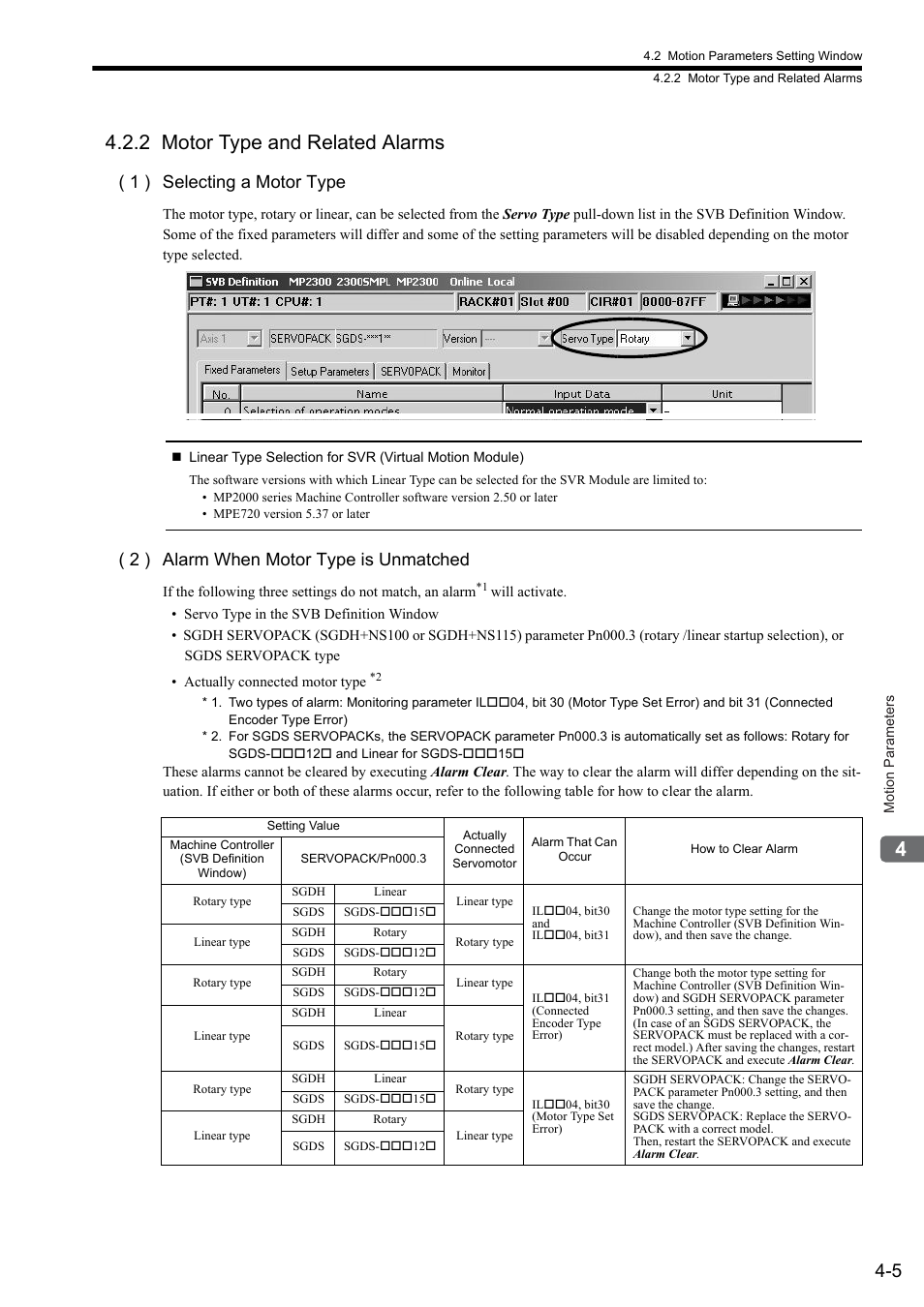 2 motor type and related alarms, 1 ) selecting a motor type, 2 ) alarm when motor type is unmatched | Yaskawa MP2000 Series: Built-in SVB or SVB-01 Motion Module User Manual | Page 81 / 543