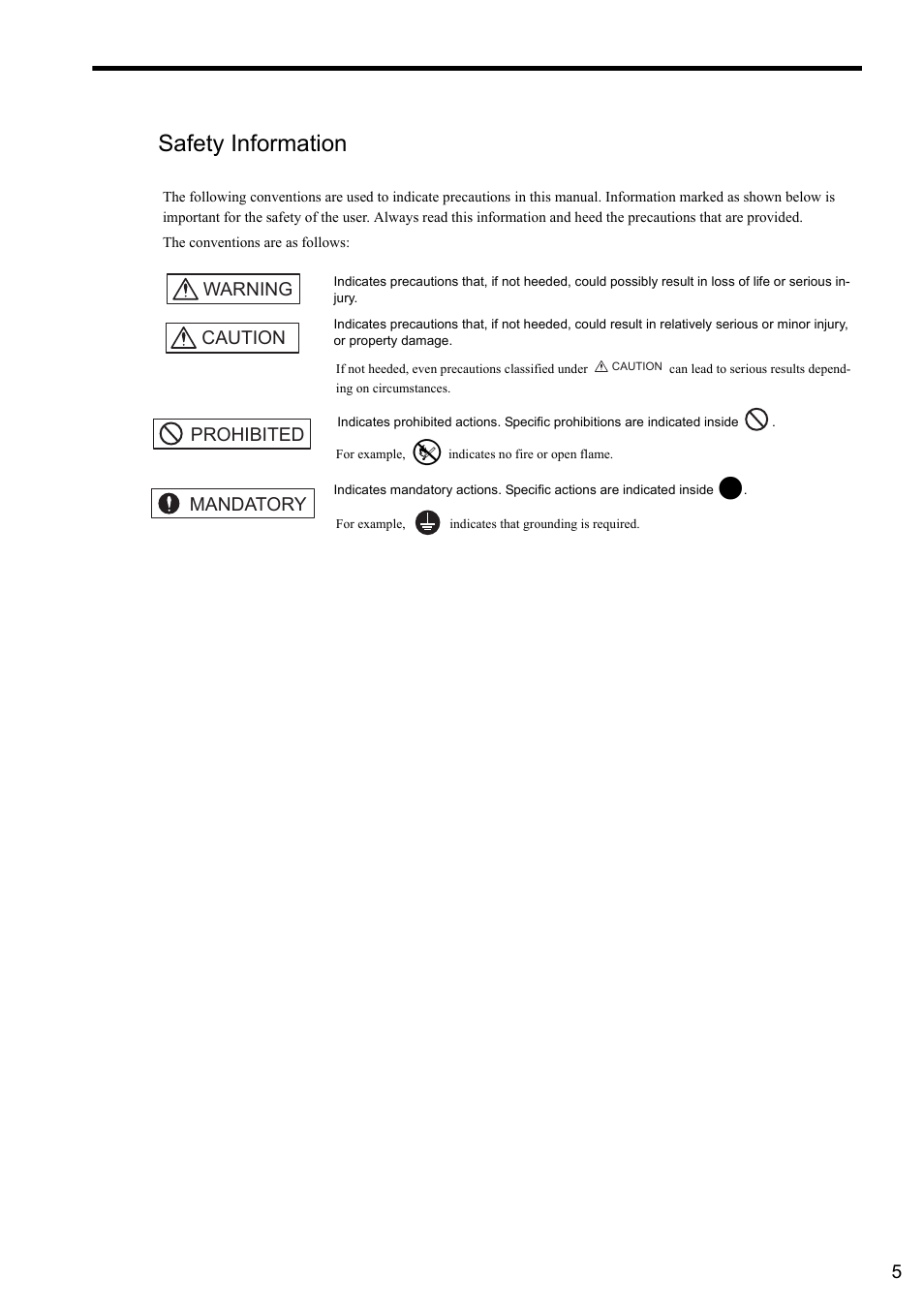 Safety information, Warning caution, Prohibited mandatory | Yaskawa MP2000 Series I/O Module User Manual User Manual | Page 5 / 139