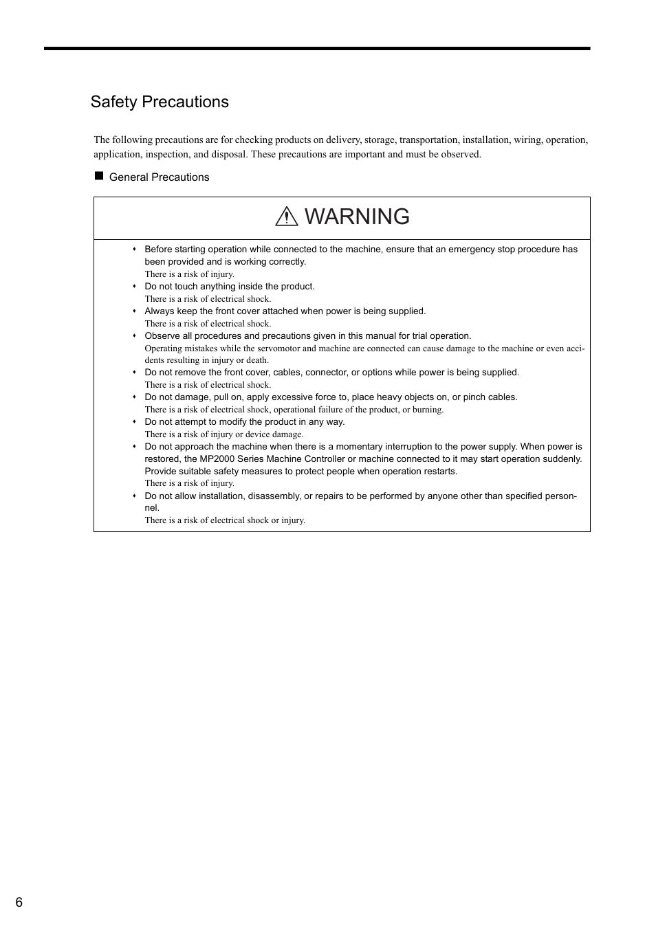Safety precautions, Warning | Yaskawa MP2000 Series I/O Module User Manual User Manual | Page 6 / 139