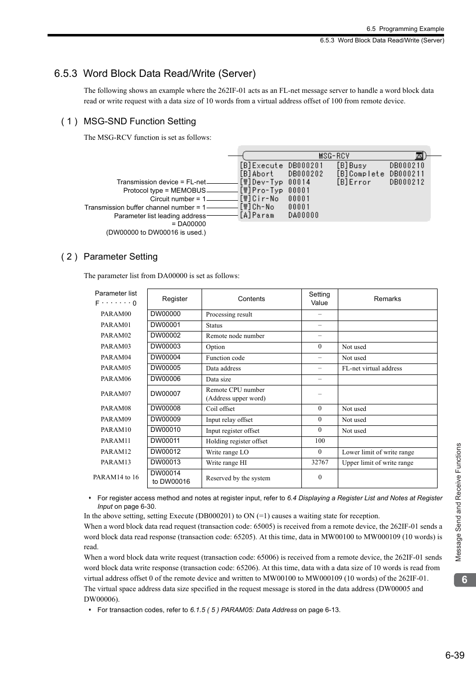 3 word block data read/write (server), 1 ) msg-snd function setting, 2 ) parameter setting | Yaskawa JAPMC-MC2303-E User Manual | Page 124 / 178