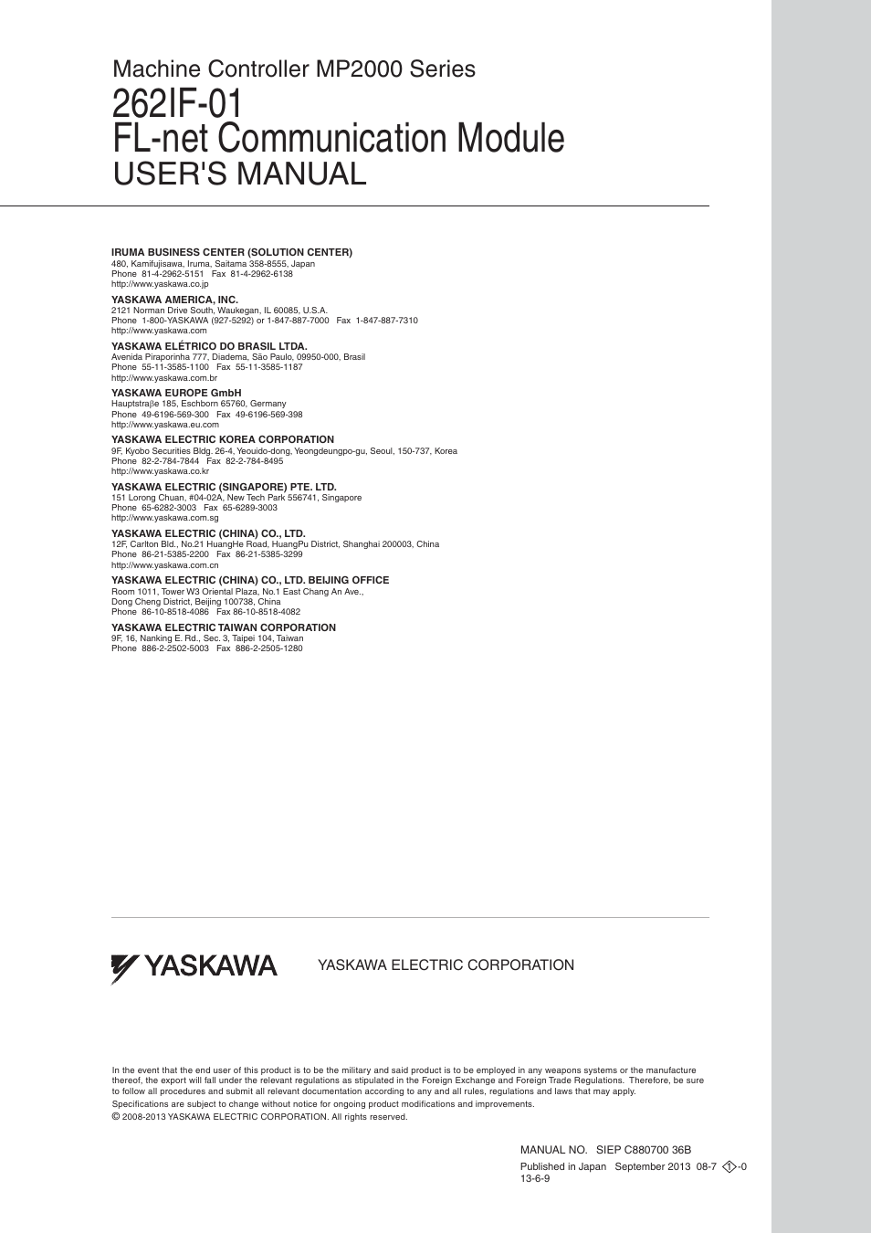 Back cover, User's manual, Machine controller mp2000 series | Yaskawa JAPMC-MC2303-E User Manual | Page 178 / 178