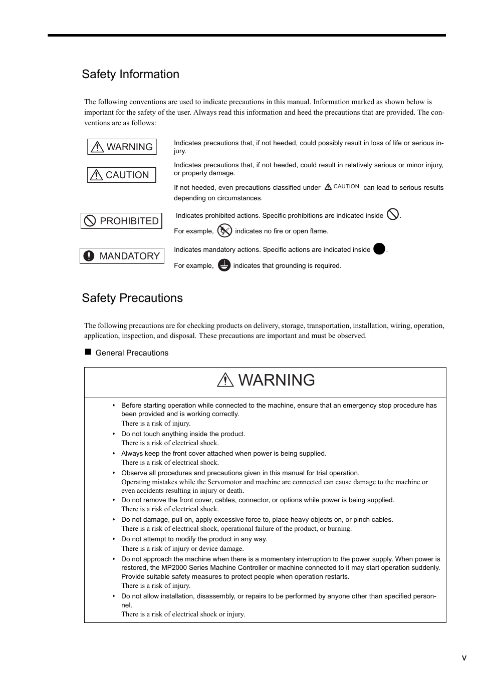 Safety information, Safety precautions, Warning | Warning caution, Prohibited mandatory | Yaskawa JAPMC-MC2303-E User Manual | Page 5 / 178