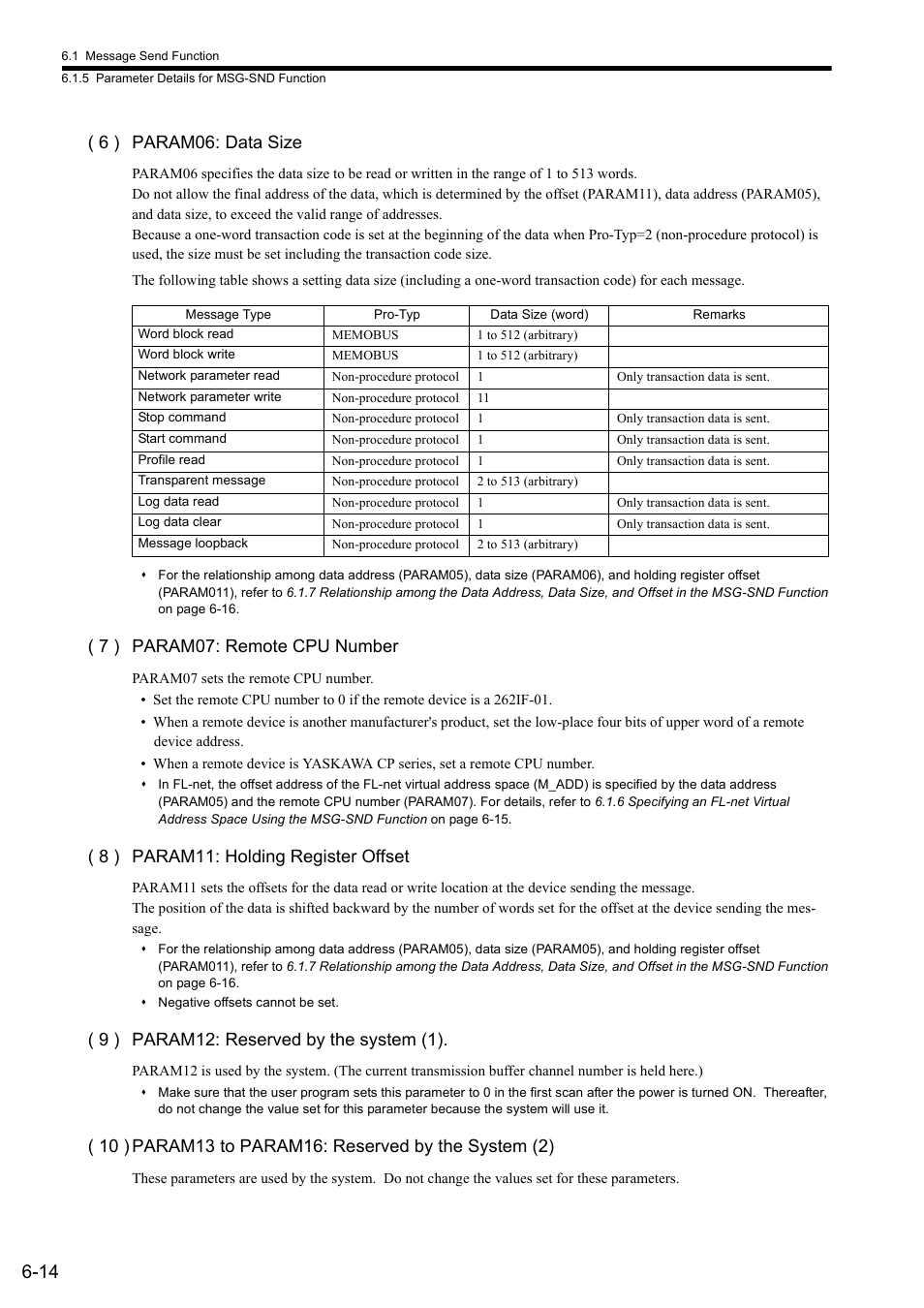 6 ) param06: data size, 7 ) param07: remote cpu number, 8 ) param11: holding register offset | 9 ) param12: reserved by the system (1) | Yaskawa JAPMC-MC2303-E User Manual | Page 99 / 178