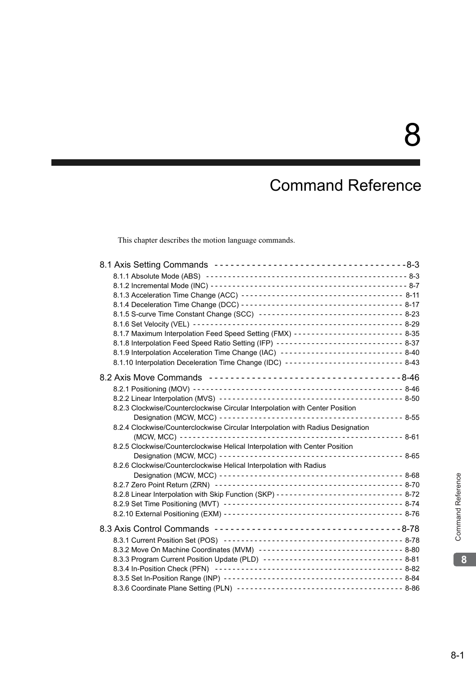 8 command reference, Command reference | Yaskawa MP2000 Series: User's Manual for Motion Programming User Manual | Page 108 / 356