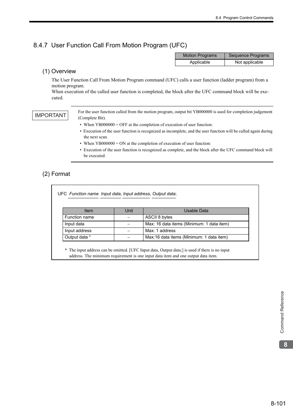 7 user function call from motion program (ufc), 1) overview, 2) format | Yaskawa MP2000 Series: User's Manual for Motion Programming User Manual | Page 208 / 356