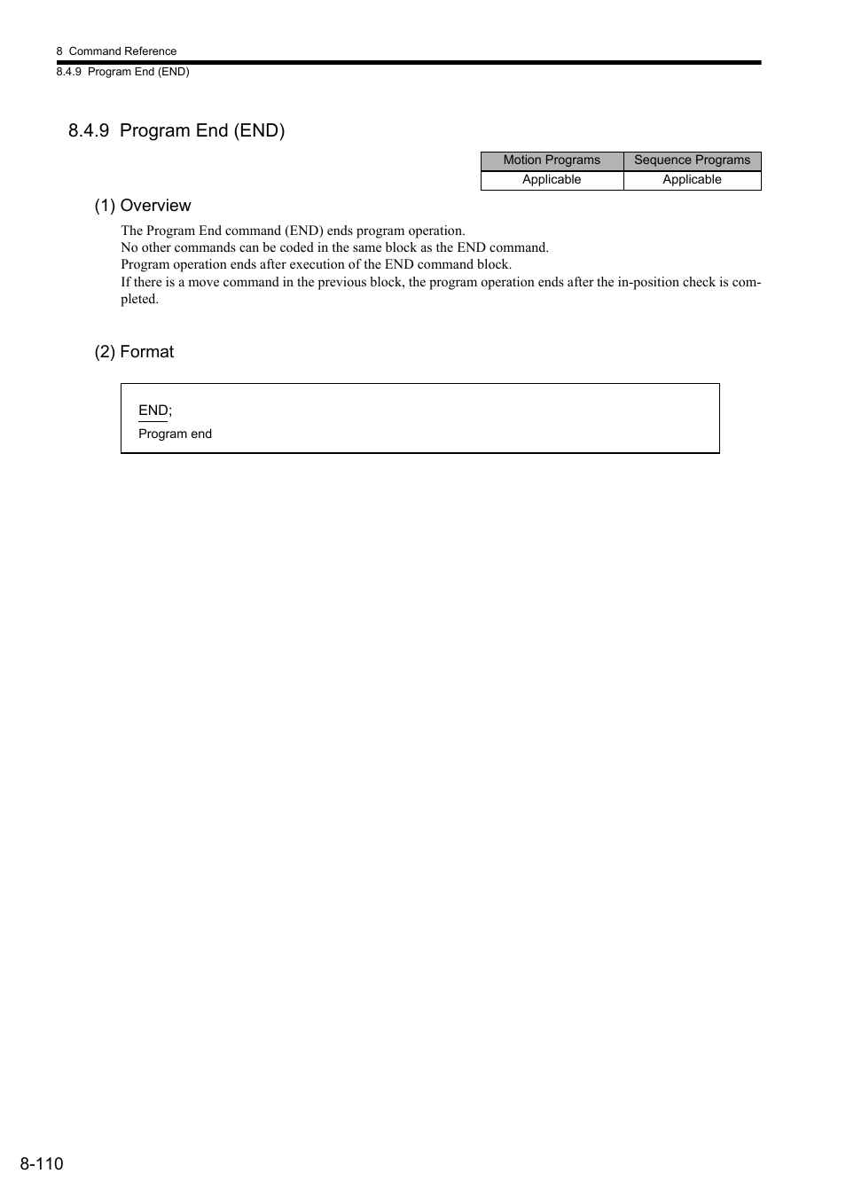 9 program end (end), 1) overview, 2) format | Yaskawa MP2000 Series: User's Manual for Motion Programming User Manual | Page 217 / 356