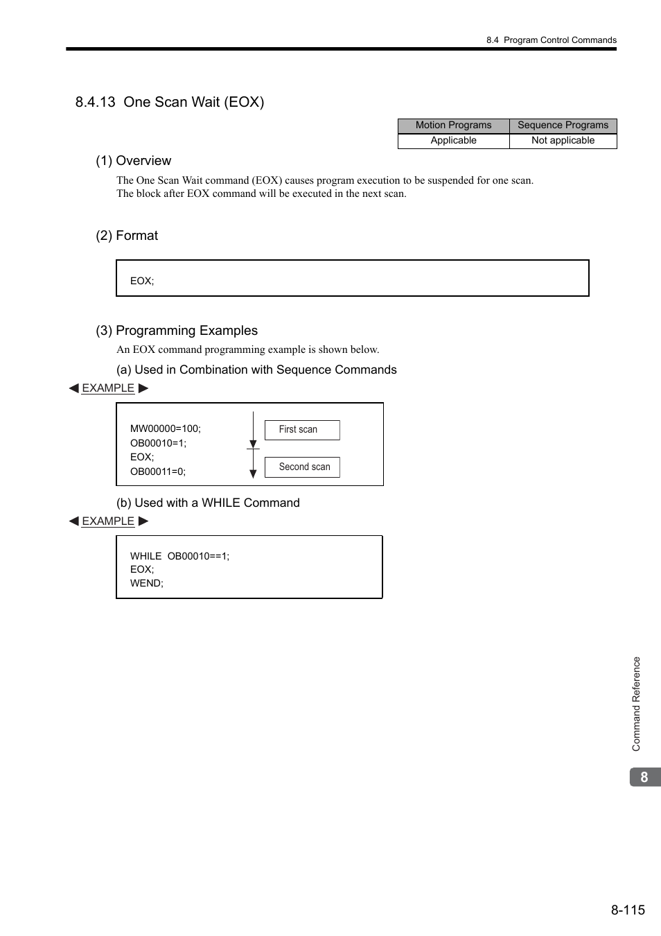 13 one scan wait (eox), 1) overview, 2) format | 3) programming examples | Yaskawa MP2000 Series: User's Manual for Motion Programming User Manual | Page 222 / 356