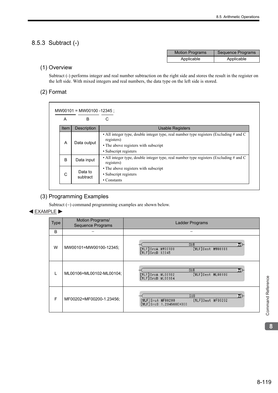 3 subtract (-), 1) overview, 2) format | 3) programming examples, 2) format (3) programming examples | Yaskawa MP2000 Series: User's Manual for Motion Programming User Manual | Page 226 / 356