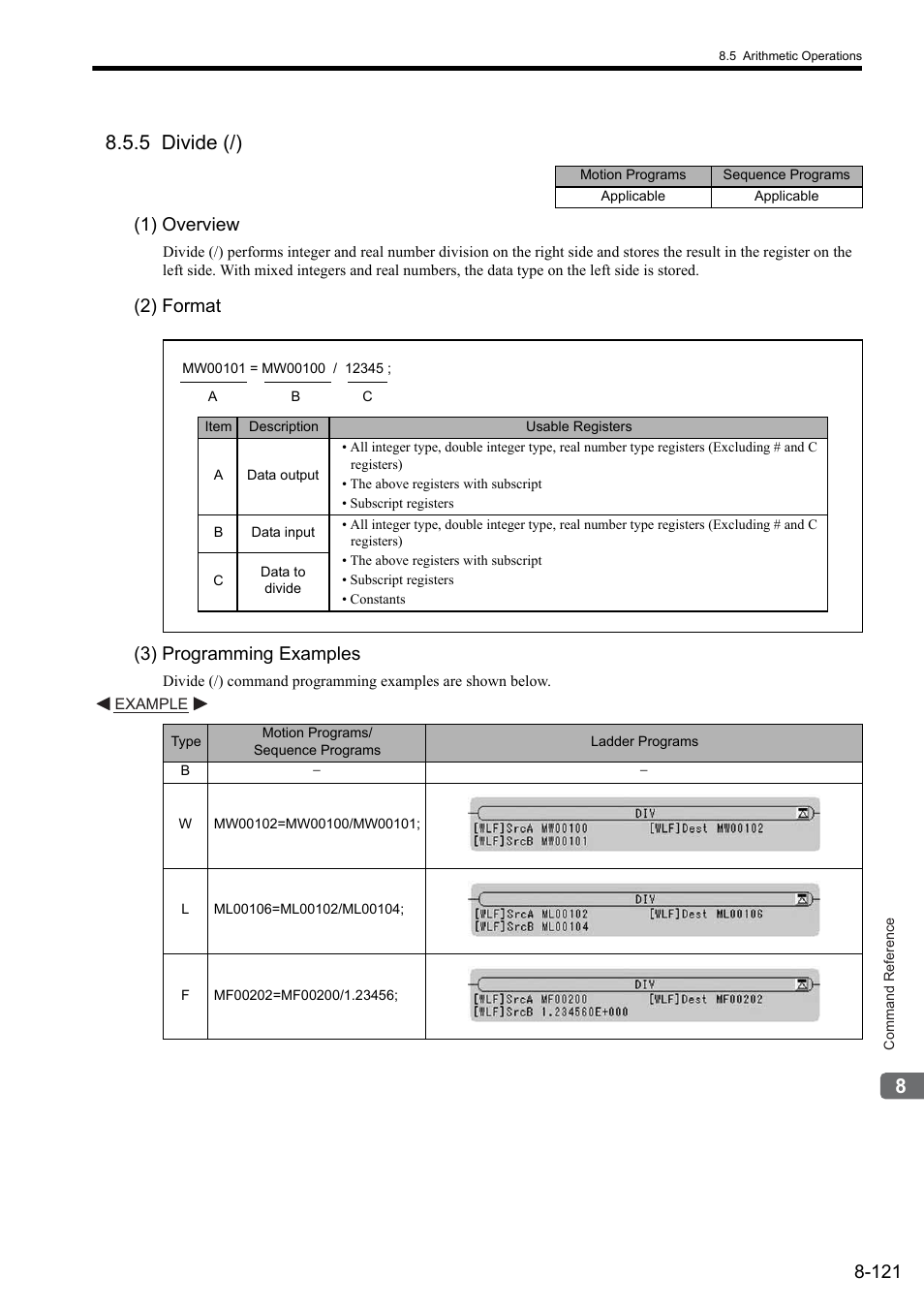 5 divide (/), 1) overview, 2) format | 3) programming examples, 2) format (3) programming examples | Yaskawa MP2000 Series: User's Manual for Motion Programming User Manual | Page 228 / 356