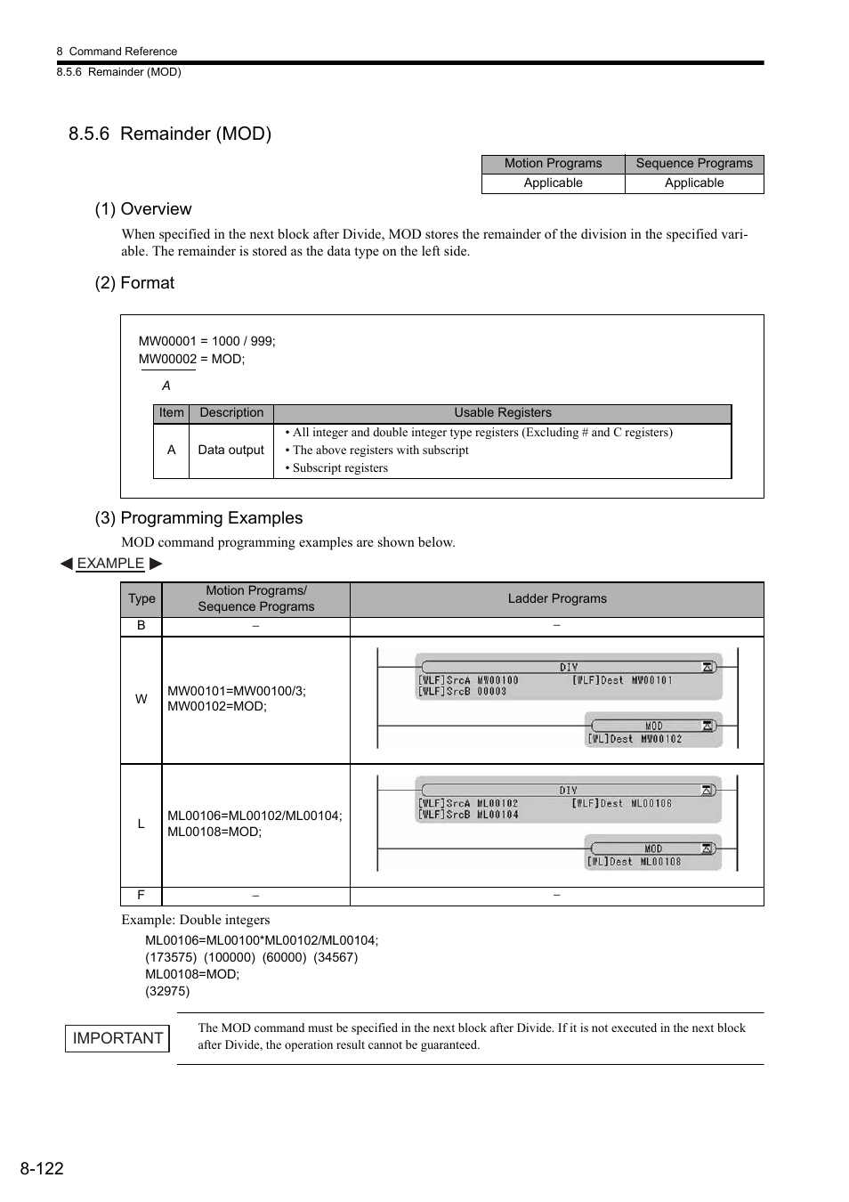 6 remainder (mod), 1) overview, 2) format | 3) programming examples, 2) format (3) programming examples | Yaskawa MP2000 Series: User's Manual for Motion Programming User Manual | Page 229 / 356