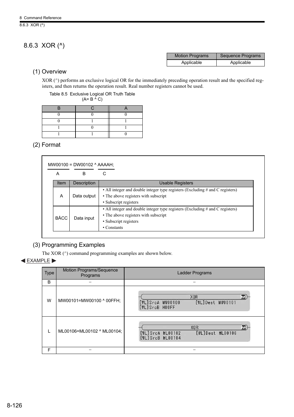 3 xor (^), 1) overview, 2) format | 3) programming examples, 2) format (3) programming examples | Yaskawa MP2000 Series: User's Manual for Motion Programming User Manual | Page 233 / 356