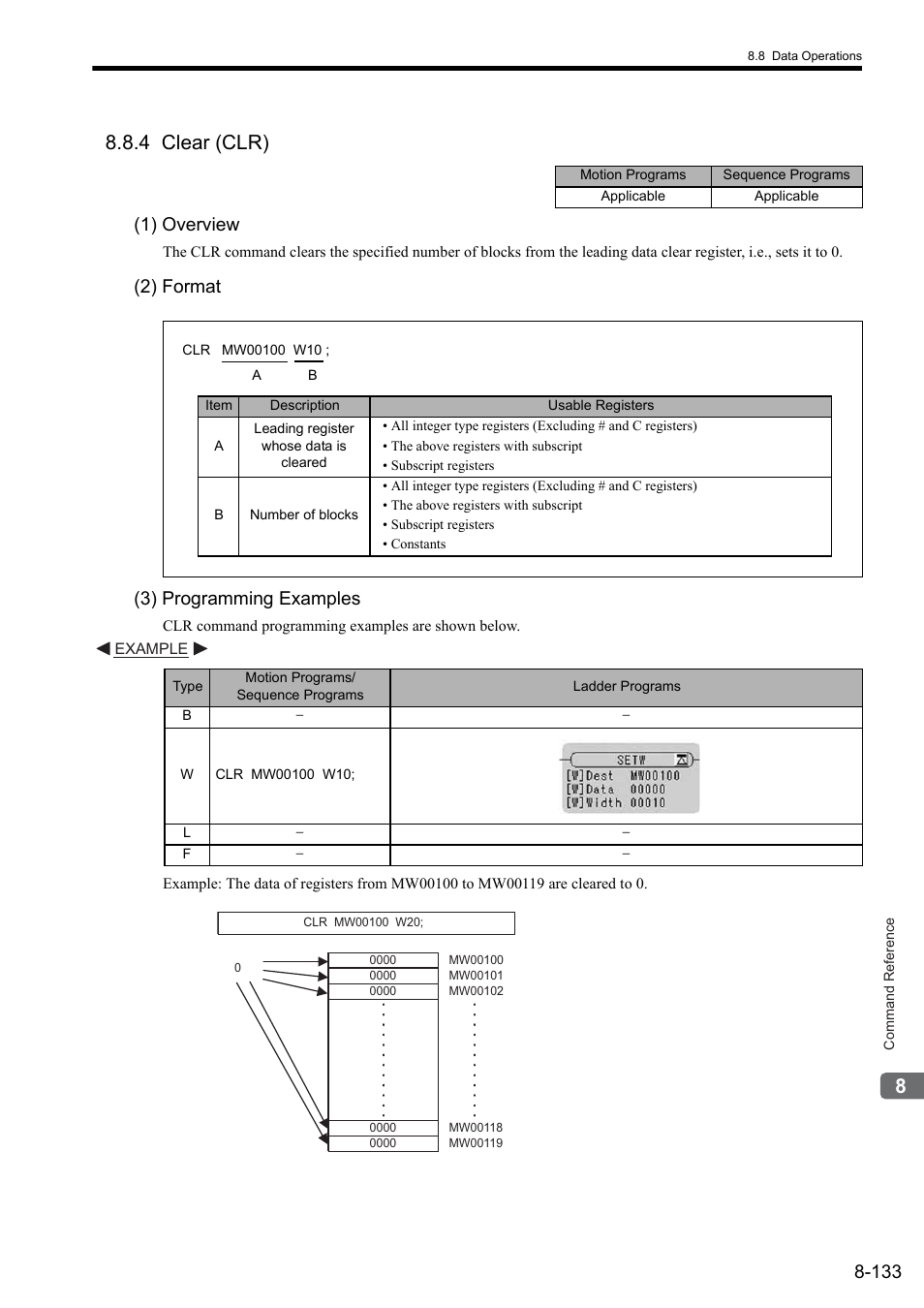 4 clear (clr), 1) overview, 2) format | 3) programming examples, 2) format (3) programming examples | Yaskawa MP2000 Series: User's Manual for Motion Programming User Manual | Page 240 / 356