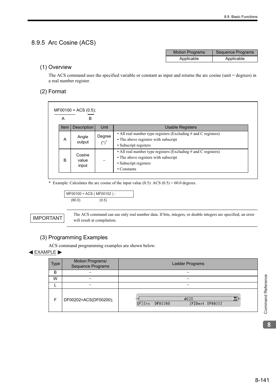 5 arc cosine (acs), 1) overview, 2) format | 3) programming examples | Yaskawa MP2000 Series: User's Manual for Motion Programming User Manual | Page 248 / 356
