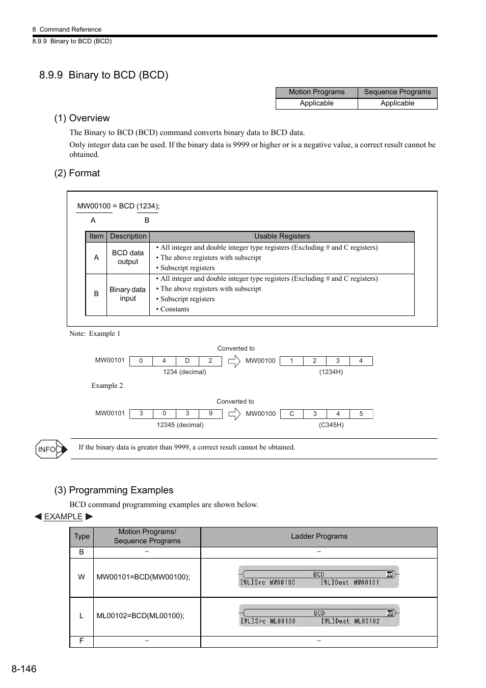 9 binary to bcd (bcd), 1) overview, 2) format | 3) programming examples | Yaskawa MP2000 Series: User's Manual for Motion Programming User Manual | Page 253 / 356