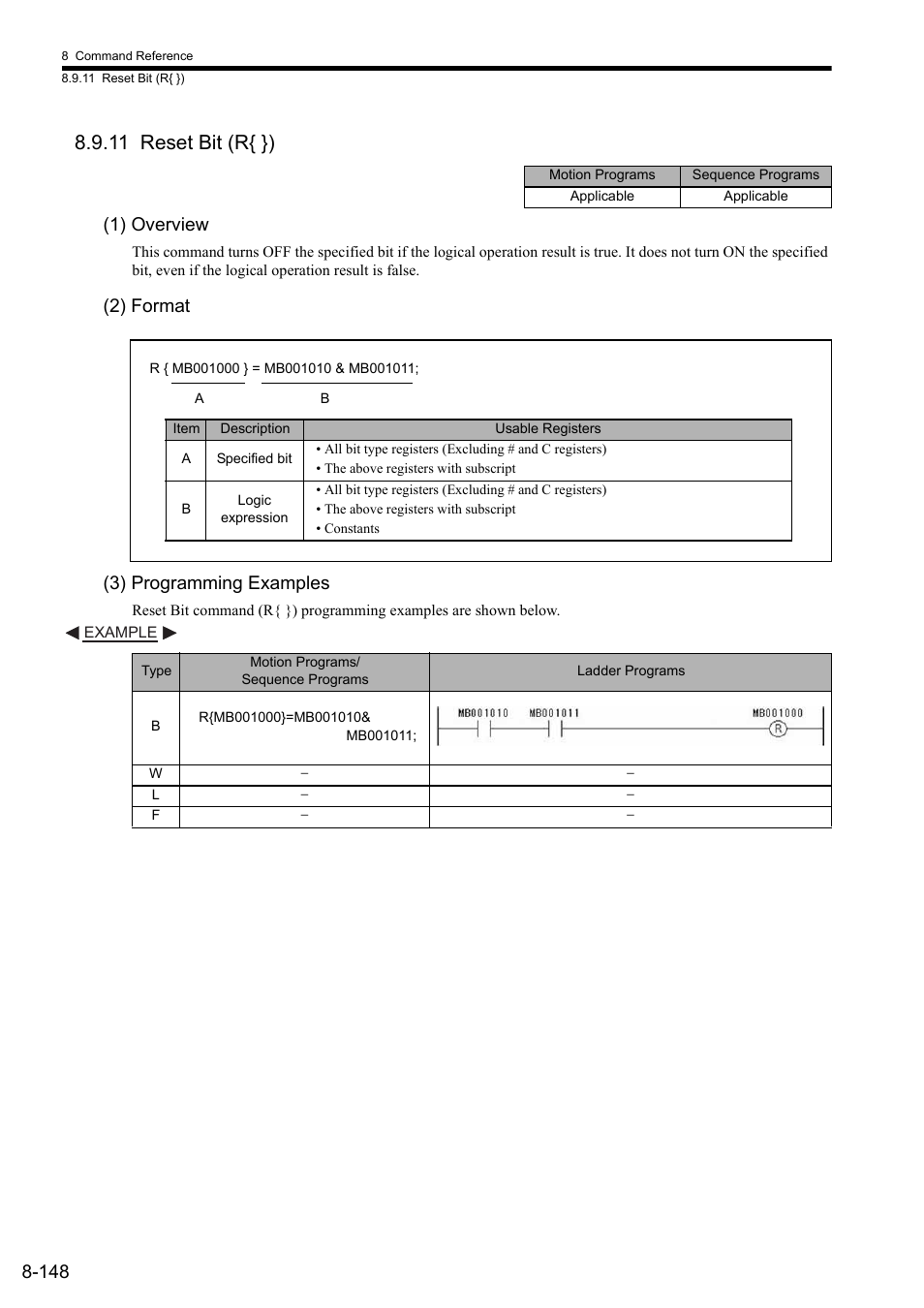 11 reset bit (r{ }), 1) overview, 2) format | 3) programming examples, 2) format (3) programming examples | Yaskawa MP2000 Series: User's Manual for Motion Programming User Manual | Page 255 / 356