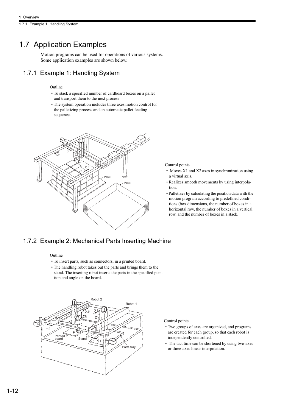 7 application examples, 1 example 1: handling system, 2 example 2: mechanical parts inserting machine | Yaskawa MP2000 Series: User's Manual for Motion Programming User Manual | Page 28 / 356