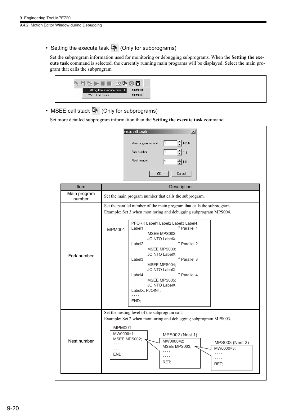 Setting the execute task (only for subprograms), Msee call stack (only for subprograms) | Yaskawa MP2000 Series: User's Manual for Motion Programming User Manual | Page 288 / 356