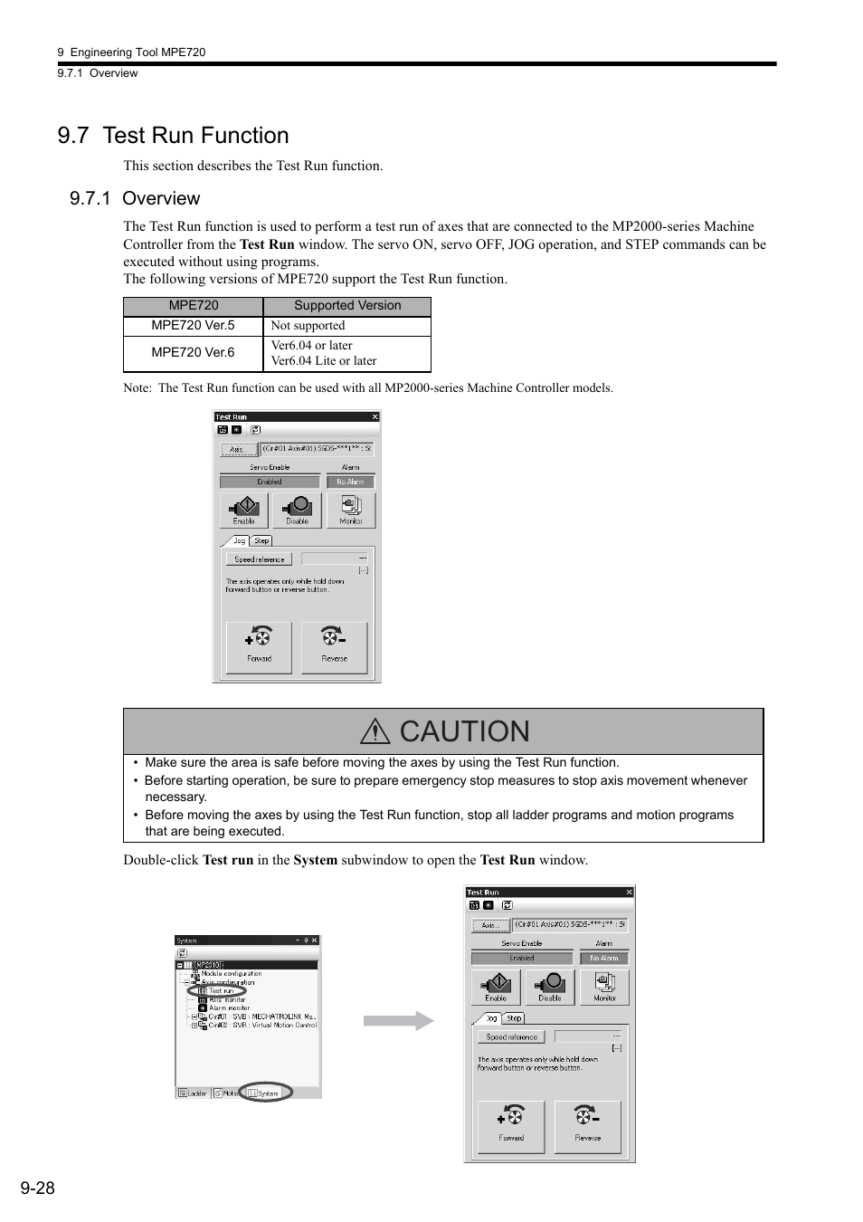 7 test run function, 1 overview, Caution | Yaskawa MP2000 Series: User's Manual for Motion Programming User Manual | Page 296 / 356