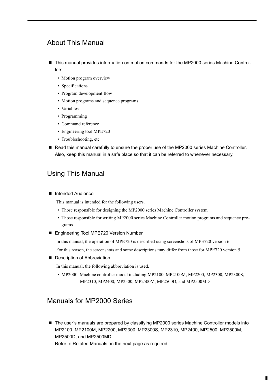 About this manual, Using this manual, Manuals for mp2000 series | Yaskawa MP2000 Series: User's Manual for Motion Programming User Manual | Page 3 / 356