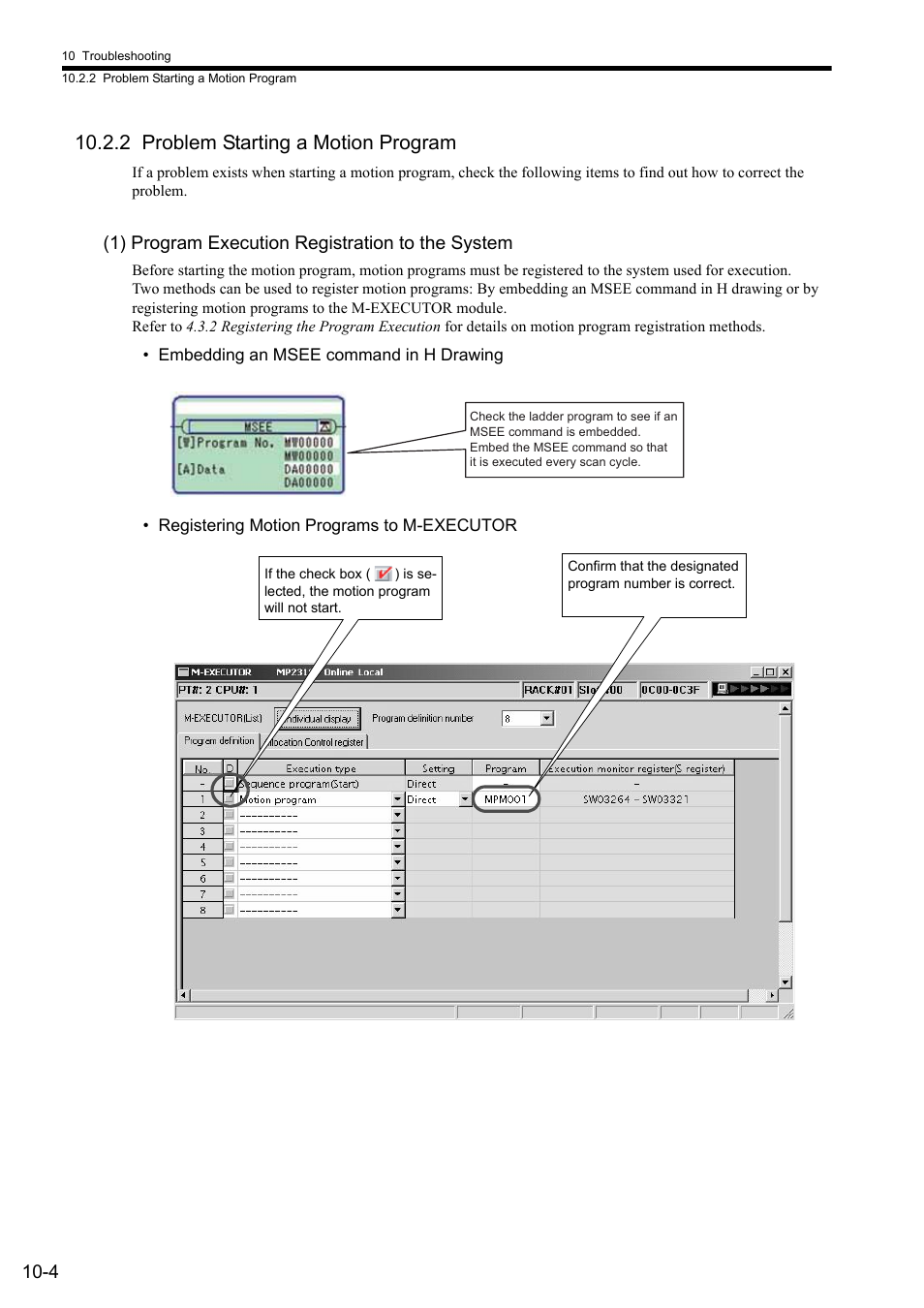 2 problem starting a motion program, 1) program execution registration to the system | Yaskawa MP2000 Series: User's Manual for Motion Programming User Manual | Page 307 / 356