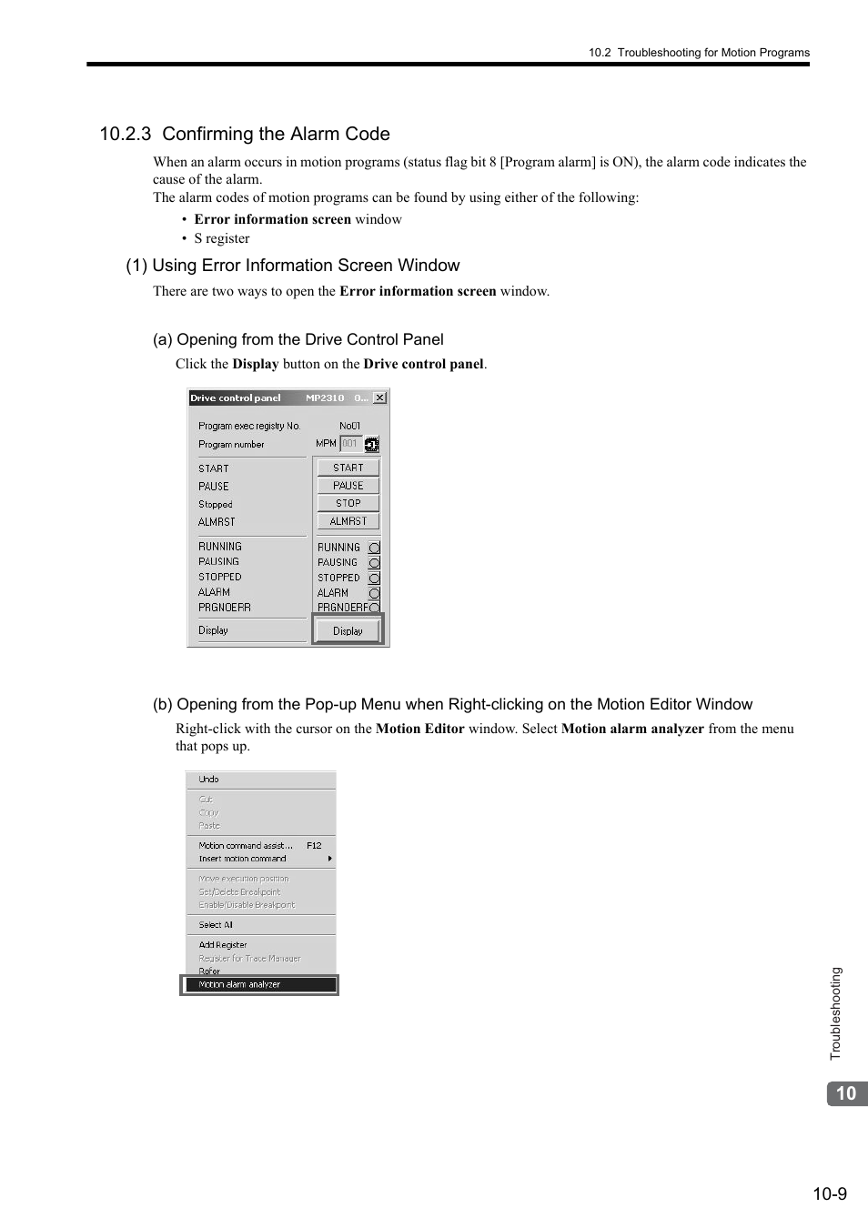 3 confirming the alarm code, 1) using error information screen window | Yaskawa MP2000 Series: User's Manual for Motion Programming User Manual | Page 312 / 356