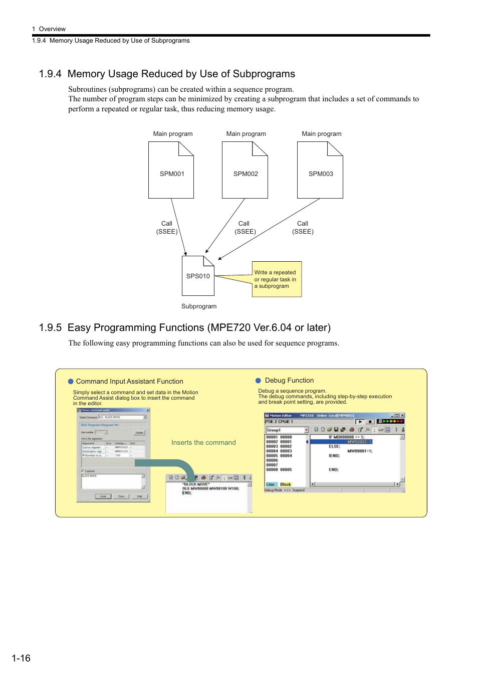 4 memory usage reduced by use of subprograms | Yaskawa MP2000 Series: User's Manual for Motion Programming User Manual | Page 32 / 356