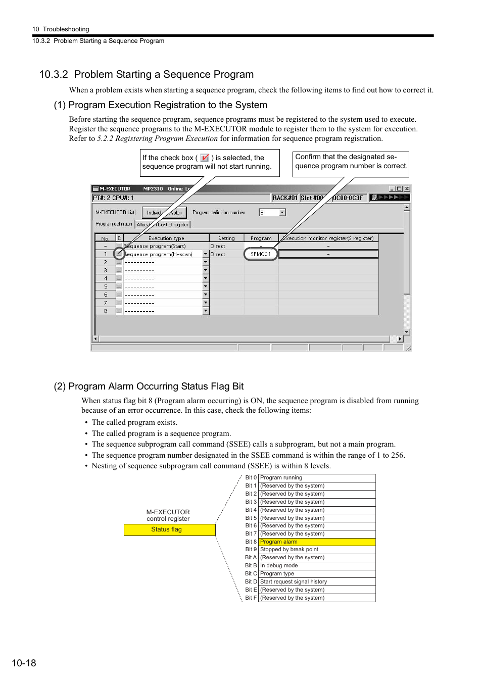 2 problem starting a sequence program, 1) program execution registration to the system, 2) program alarm occurring status flag bit | Yaskawa MP2000 Series: User's Manual for Motion Programming User Manual | Page 321 / 356