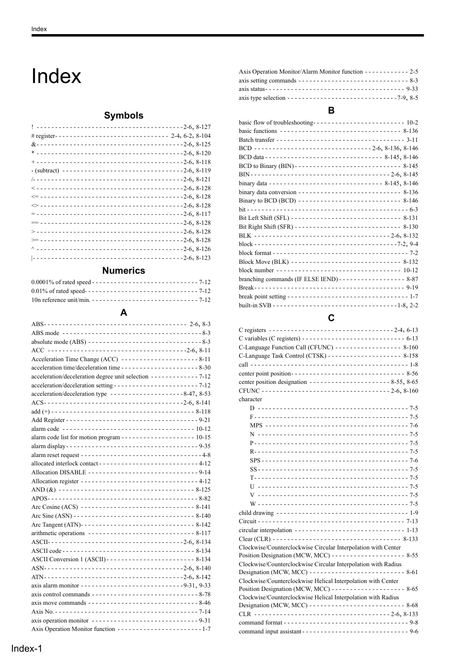 Index, Symbols, Numerics | Index-1 | Yaskawa MP2000 Series: User's Manual for Motion Programming User Manual | Page 349 / 356