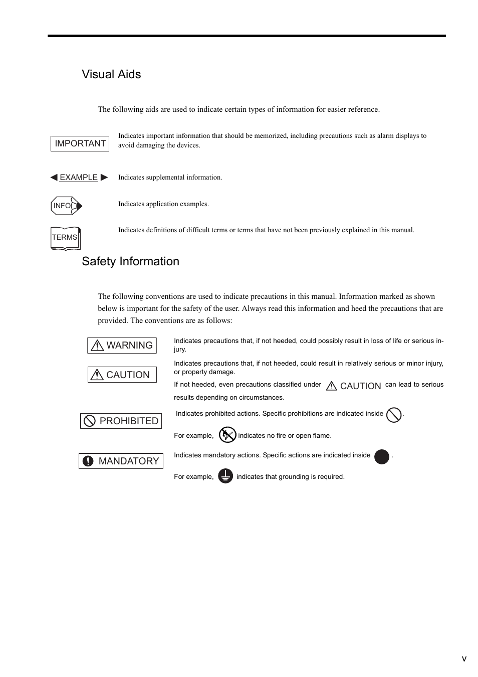 Visual aids, Safety information, Warning caution | Prohibited mandatory | Yaskawa MP2000 Series: User's Manual for Motion Programming User Manual | Page 5 / 356